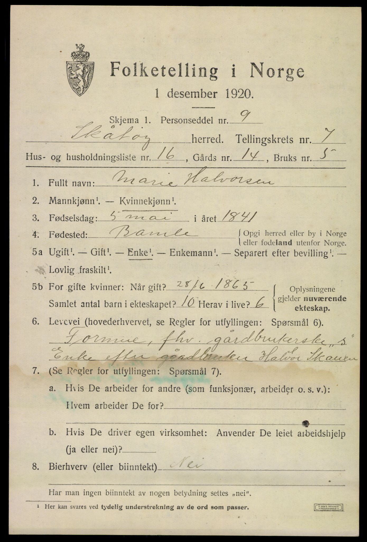 SAKO, 1920 census for Skåtøy, 1920, p. 5480