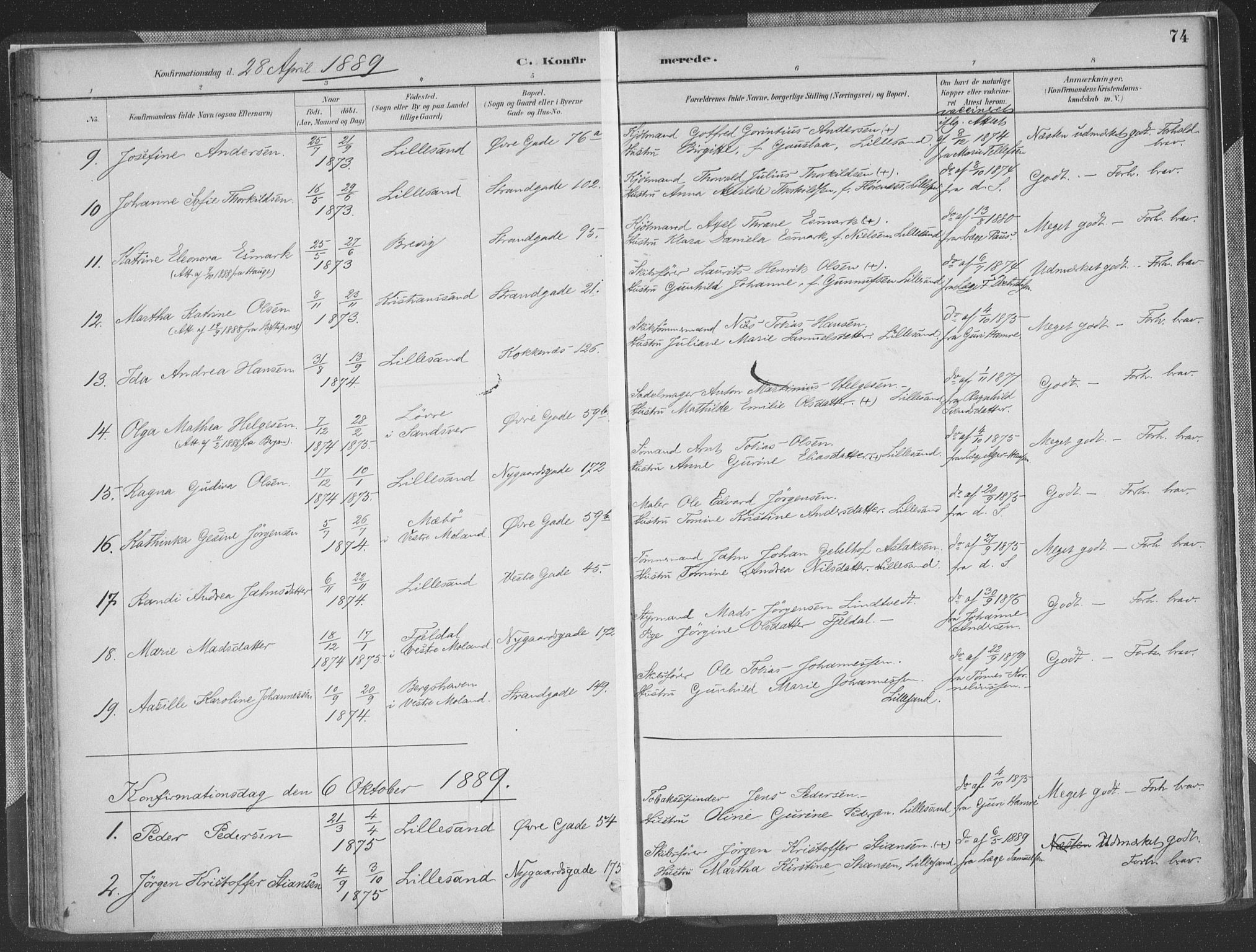 Vestre Moland sokneprestkontor, AV/SAK-1111-0046/F/Fa/Faa/L0001: Parish register (official) no. A 1, 1884-1899, p. 74