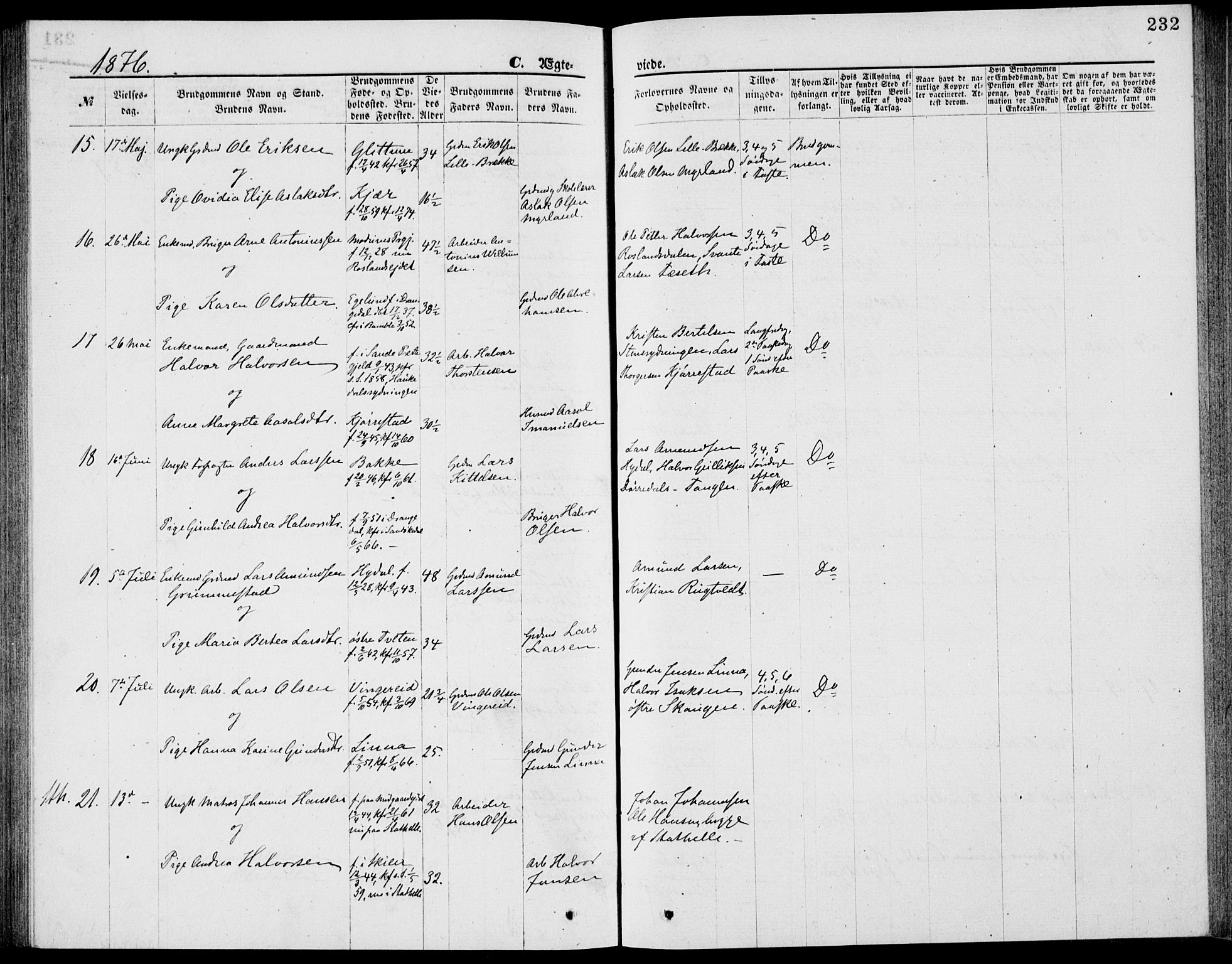 Bamble kirkebøker, AV/SAKO-A-253/G/Ga/L0007: Parish register (copy) no. I 7, 1876-1877, p. 232