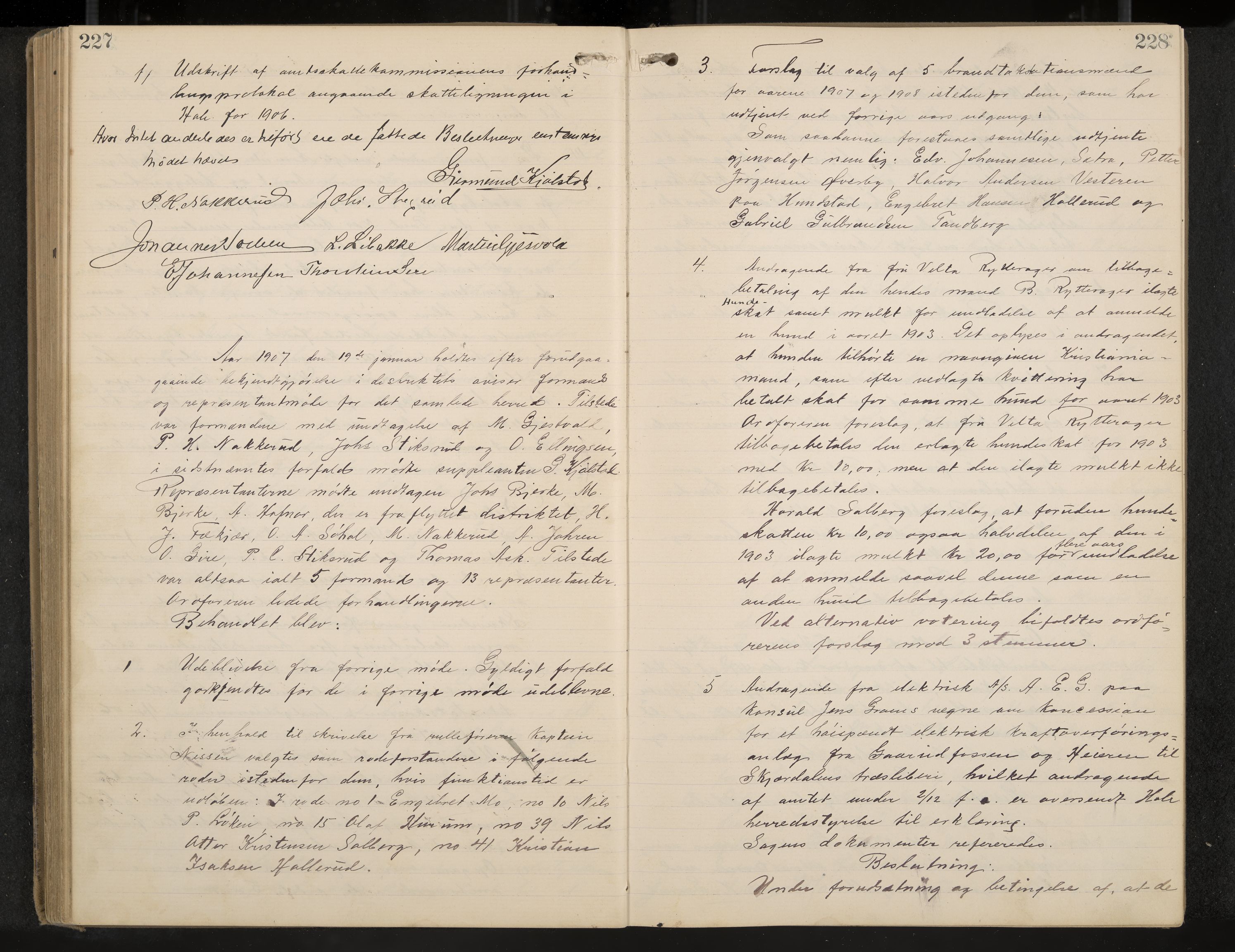 Hole formannskap og sentraladministrasjon, IKAK/0612021-1/A/Aa/L0004: Møtebok med register, 1902-1910, p. 227-228