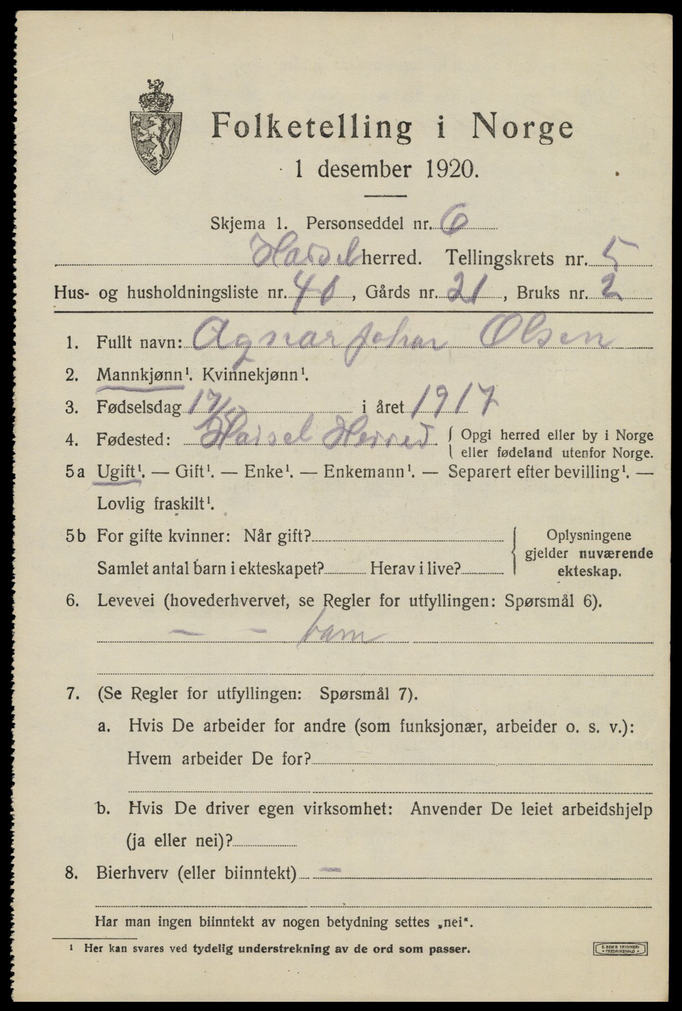 SAT, 1920 census for Hadsel, 1920, p. 6476