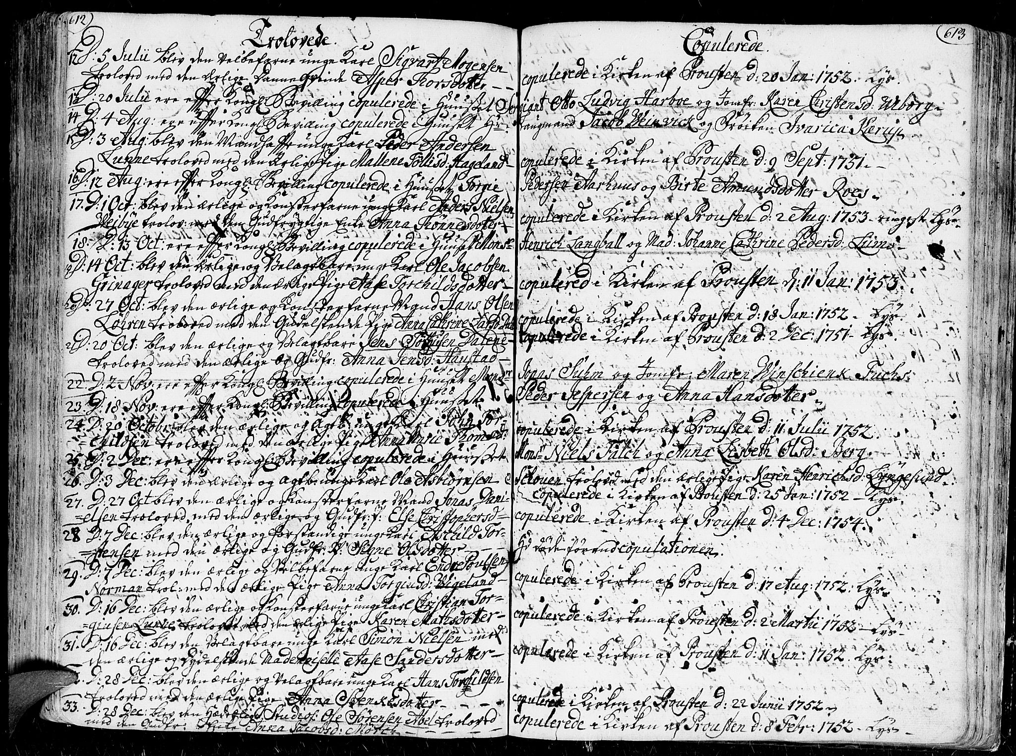 Kristiansand domprosti, AV/SAK-1112-0006/F/Fa/L0001: Parish register (official) no. A 1, 1734-1793, p. 612-613