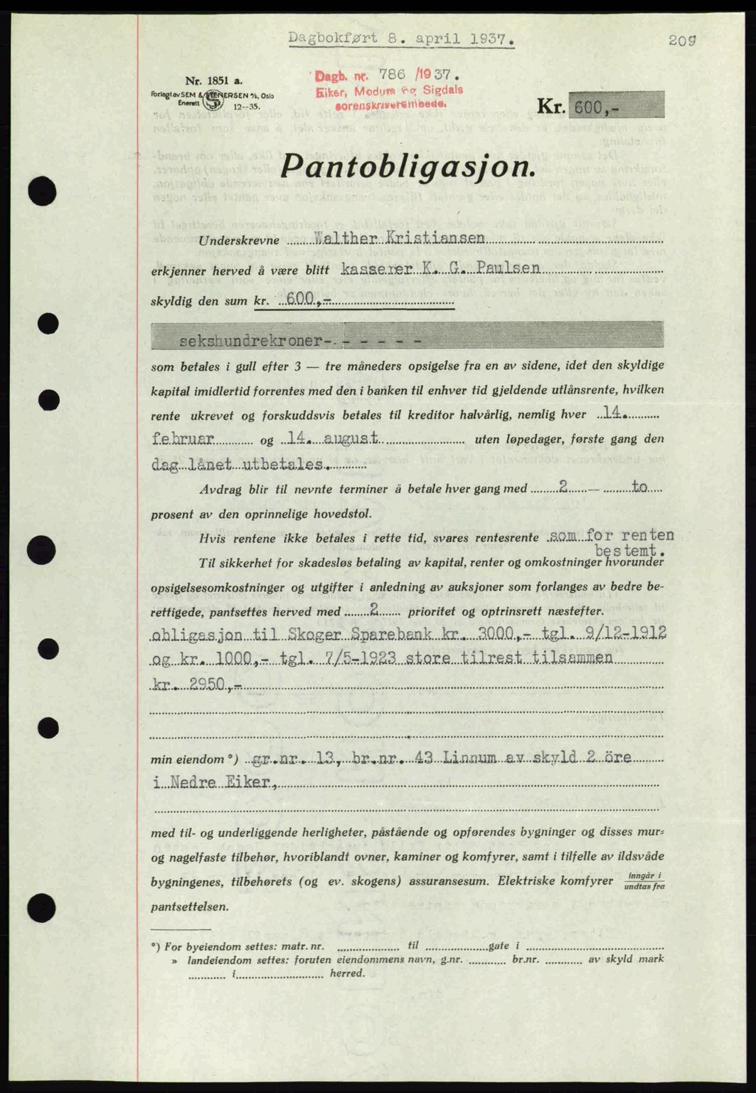 Eiker, Modum og Sigdal sorenskriveri, SAKO/A-123/G/Ga/Gab/L0035: Mortgage book no. A5, 1937-1937, Diary no: : 786/1937