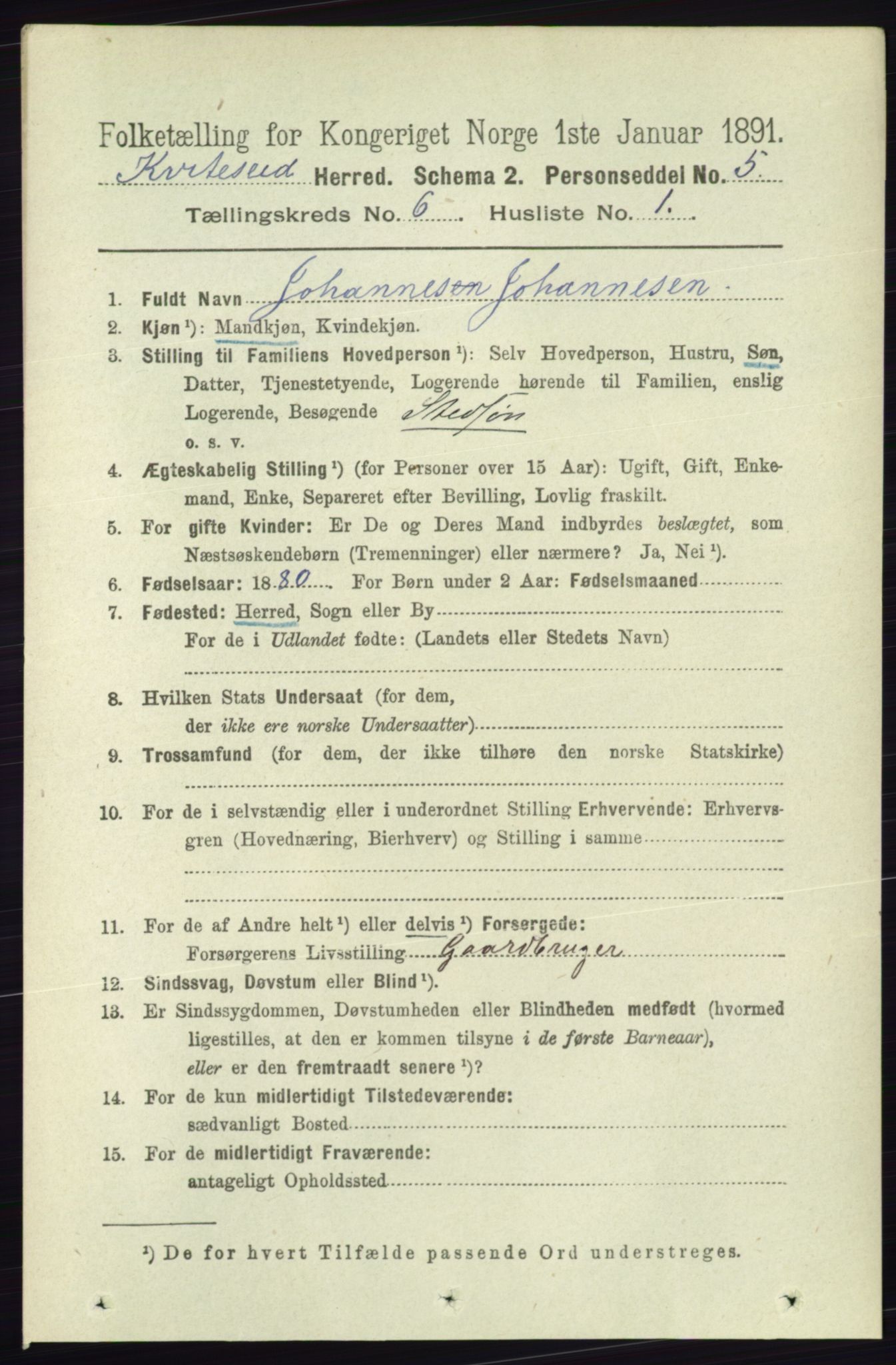 RA, 1891 census for 0829 Kviteseid, 1891, p. 1172