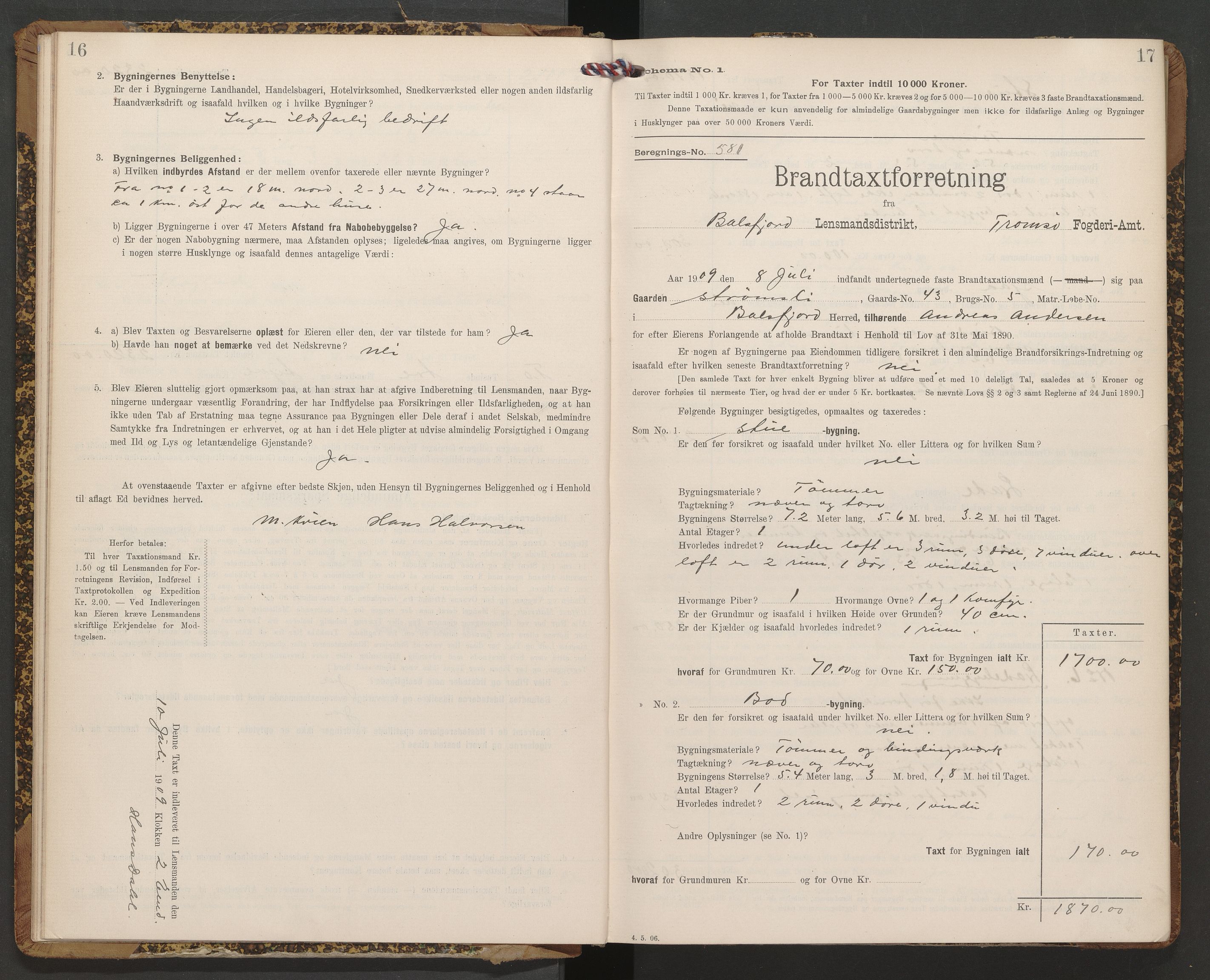 Lensmannen i Balsfjord, AV/SATØ-S-0085/Hf/Hfb/L0175: Branntakstprotokoller 1873-1962. Med register, 1909-1912