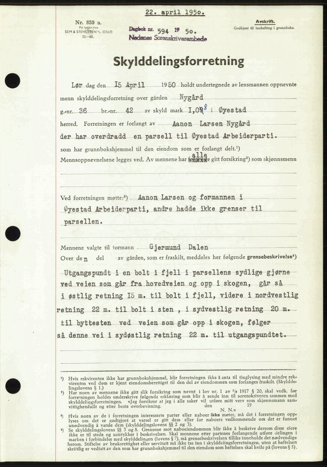 Nedenes sorenskriveri, AV/SAK-1221-0006/G/Gb/Gba/L0062: Mortgage book no. A14, 1949-1950, Diary no: : 594/1950