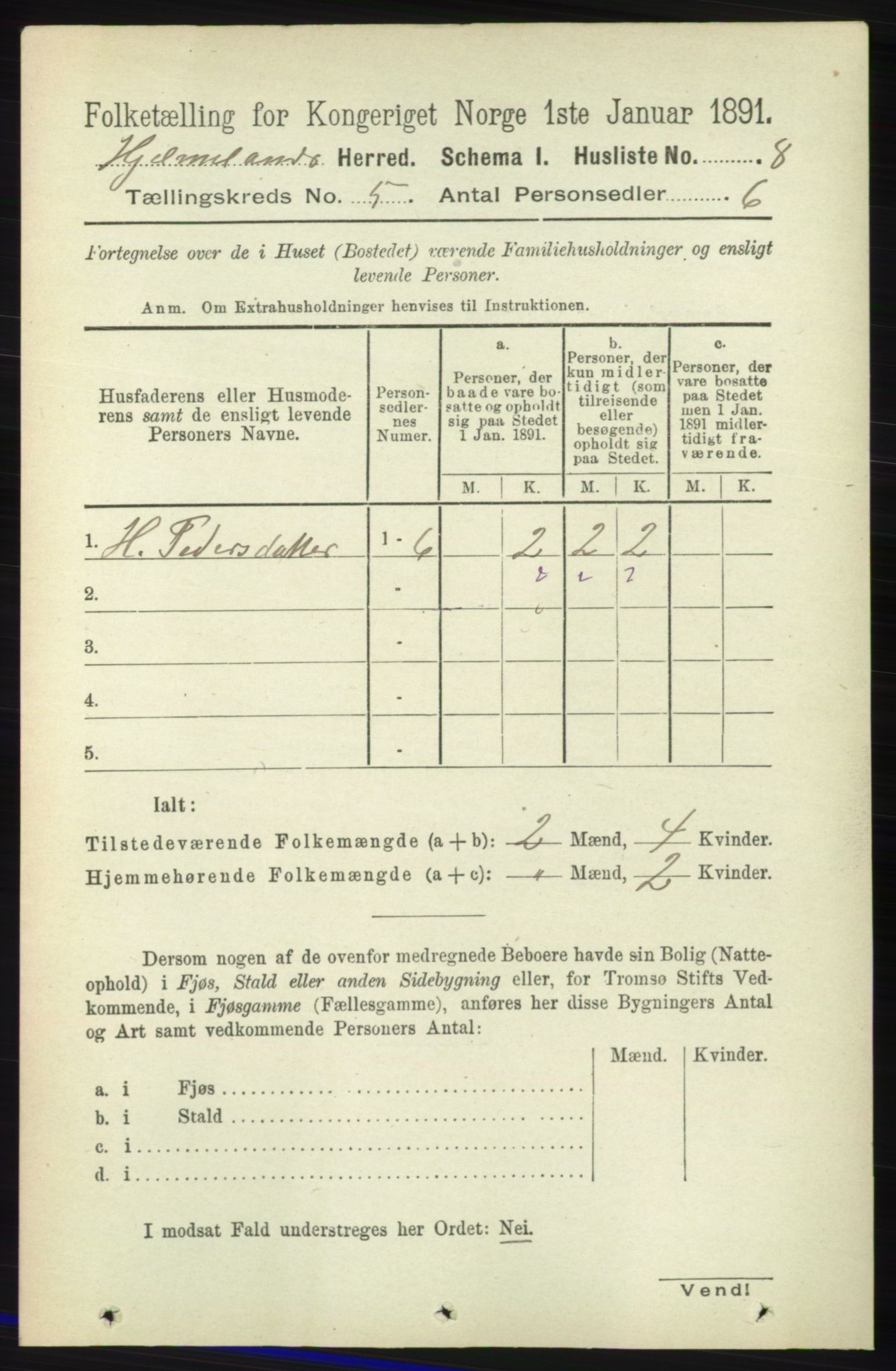 RA, 1891 census for 1133 Hjelmeland, 1891, p. 1097