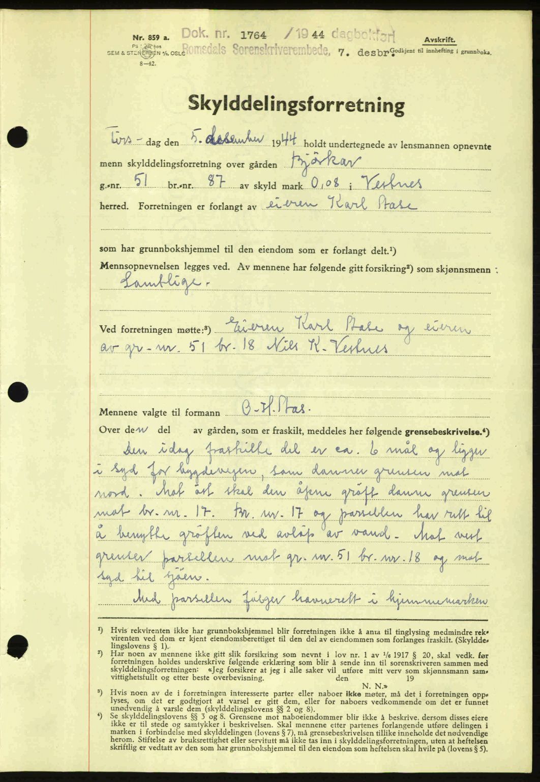 Romsdal sorenskriveri, AV/SAT-A-4149/1/2/2C: Mortgage book no. A17, 1944-1945, Diary no: : 1764/1944