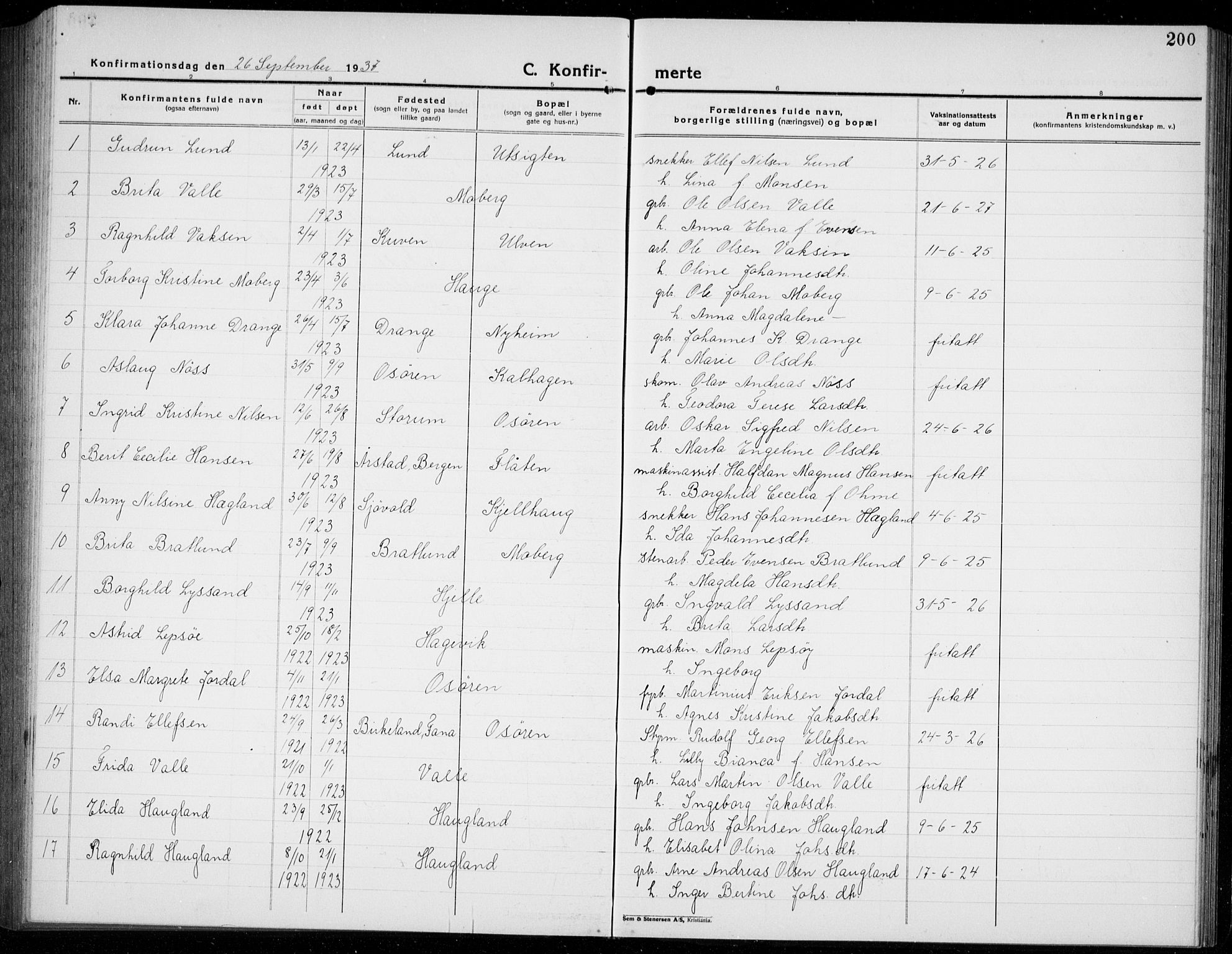 Os sokneprestembete, AV/SAB-A-99929: Parish register (copy) no. A 5, 1923-1941, p. 200