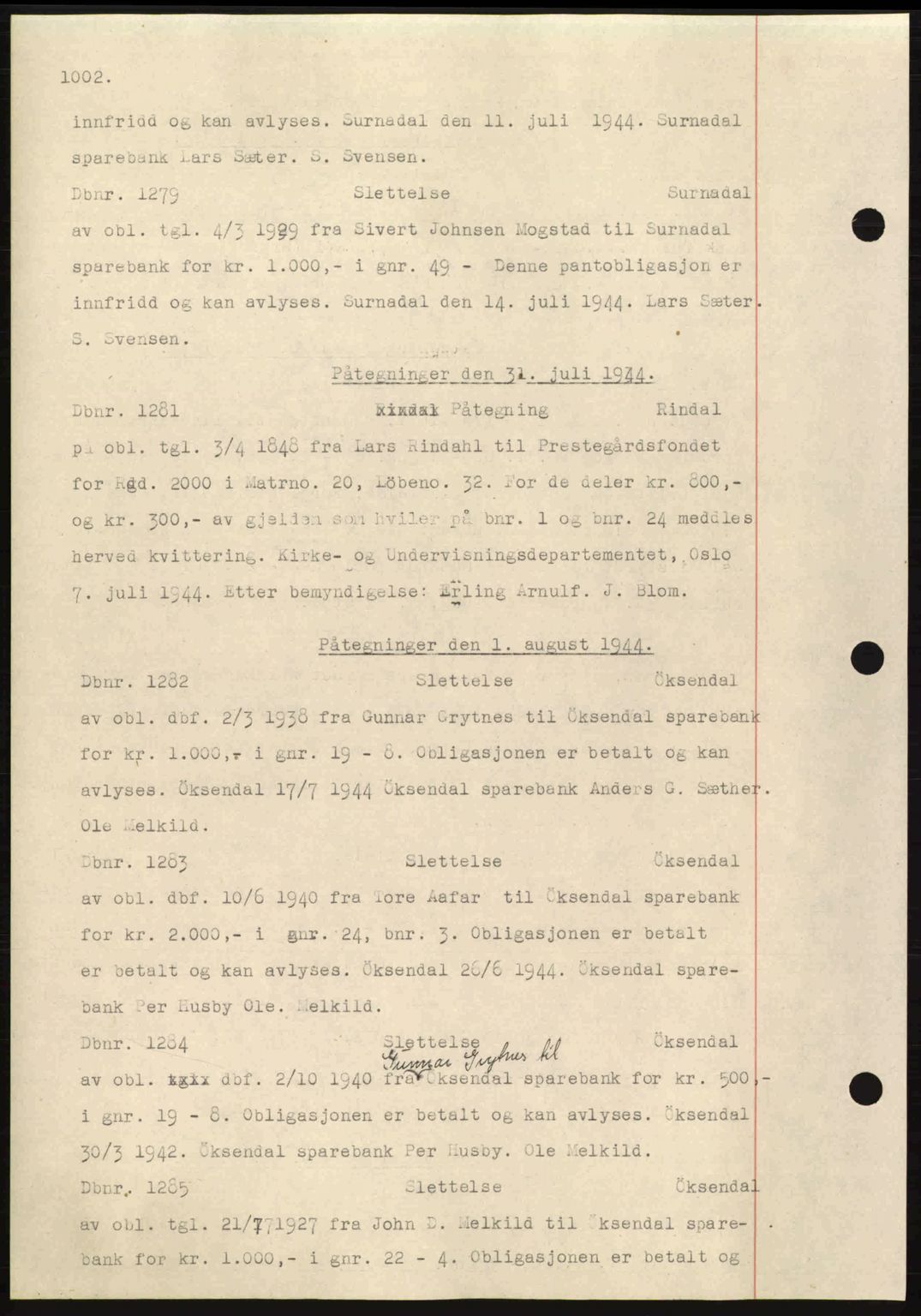 Nordmøre sorenskriveri, AV/SAT-A-4132/1/2/2Ca: Mortgage book no. C81, 1940-1945, Diary no: : 1279/1944