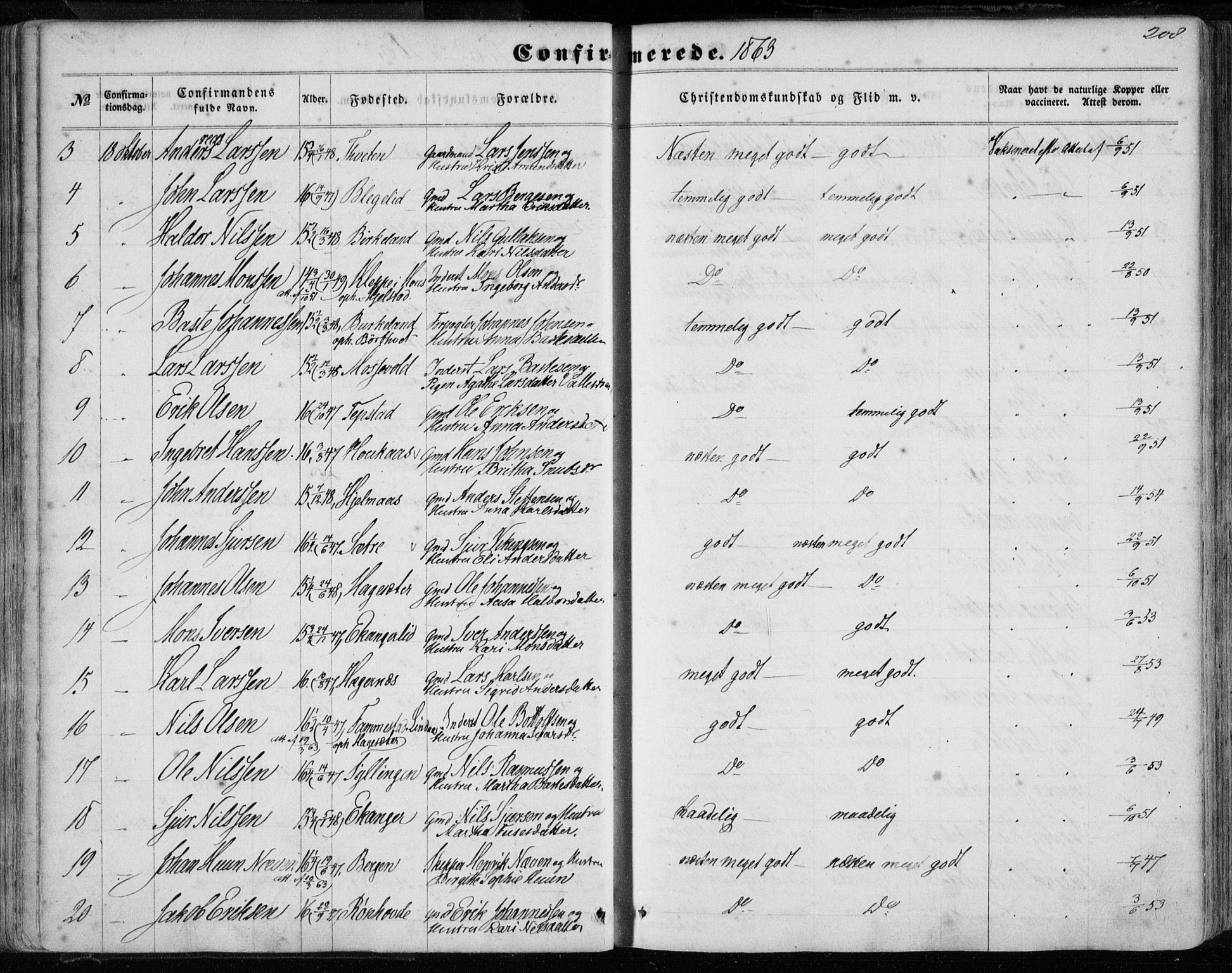 Hamre sokneprestembete, AV/SAB-A-75501/H/Ha/Haa/Haaa/L0014: Parish register (official) no. A 14, 1858-1872, p. 208