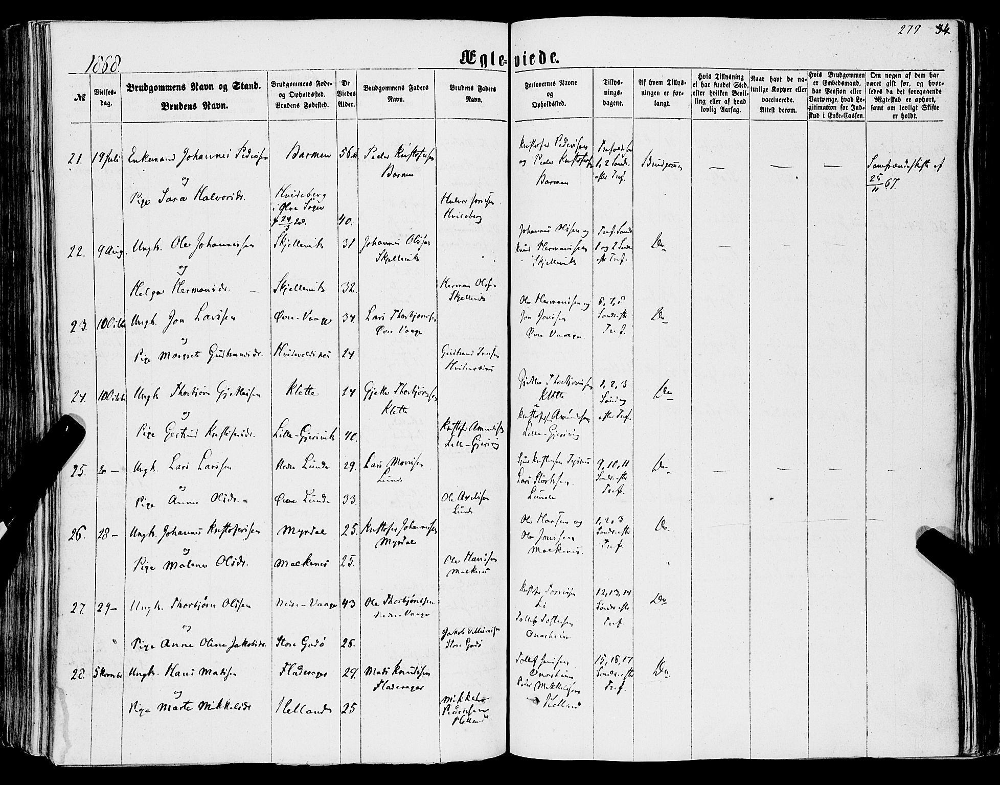 Tysnes sokneprestembete, AV/SAB-A-78601/H/Haa: Parish register (official) no. A 11, 1860-1871, p. 279
