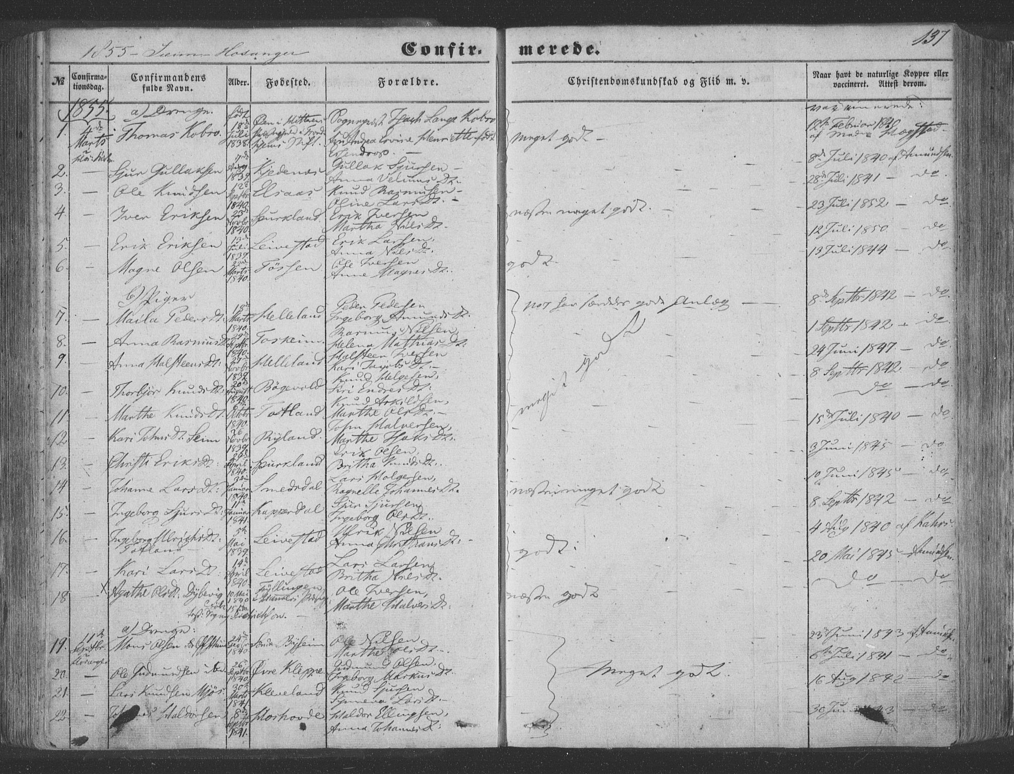 Hosanger sokneprestembete, AV/SAB-A-75801/H/Haa: Parish register (official) no. A 8, 1849-1863, p. 137