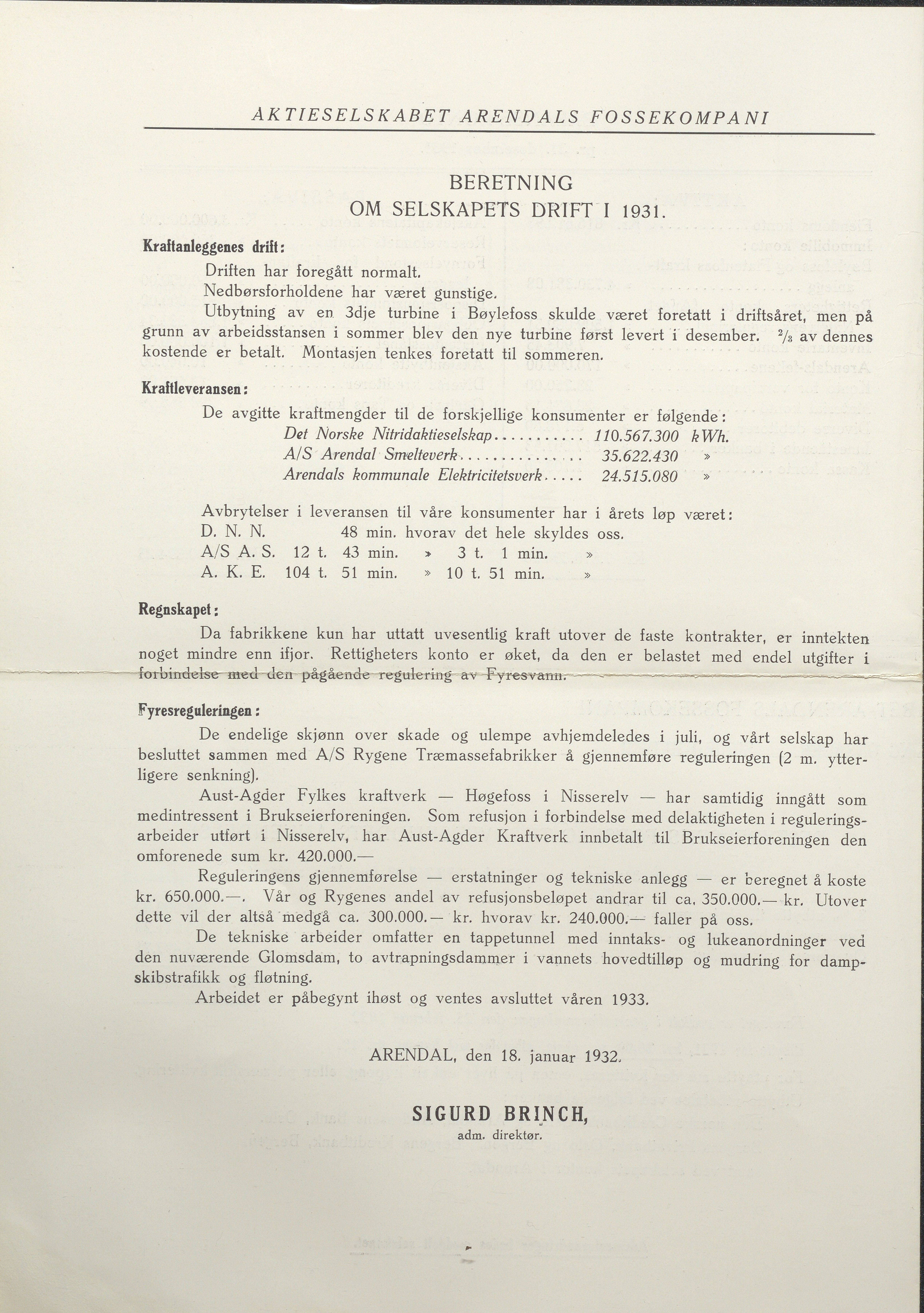 Arendals Fossekompani, AAKS/PA-2413/X/X01/L0001/0009: Beretninger, regnskap, balansekonto, gevinst- og tapskonto / Årsberetning og regnskap 1928 - 1935, 1928-1935, p. 12