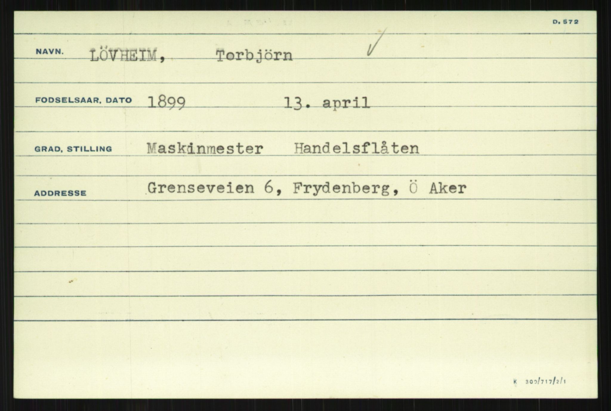 Direktoratet for sjømenn, AV/RA-S-3545/G/Gi/L0007: Alfabetisk ordnet kartotek over krigsdekorasjoner tildelt nordmenn under krigen, Krafft - Nørgaard, 1940-1945, p. 1023