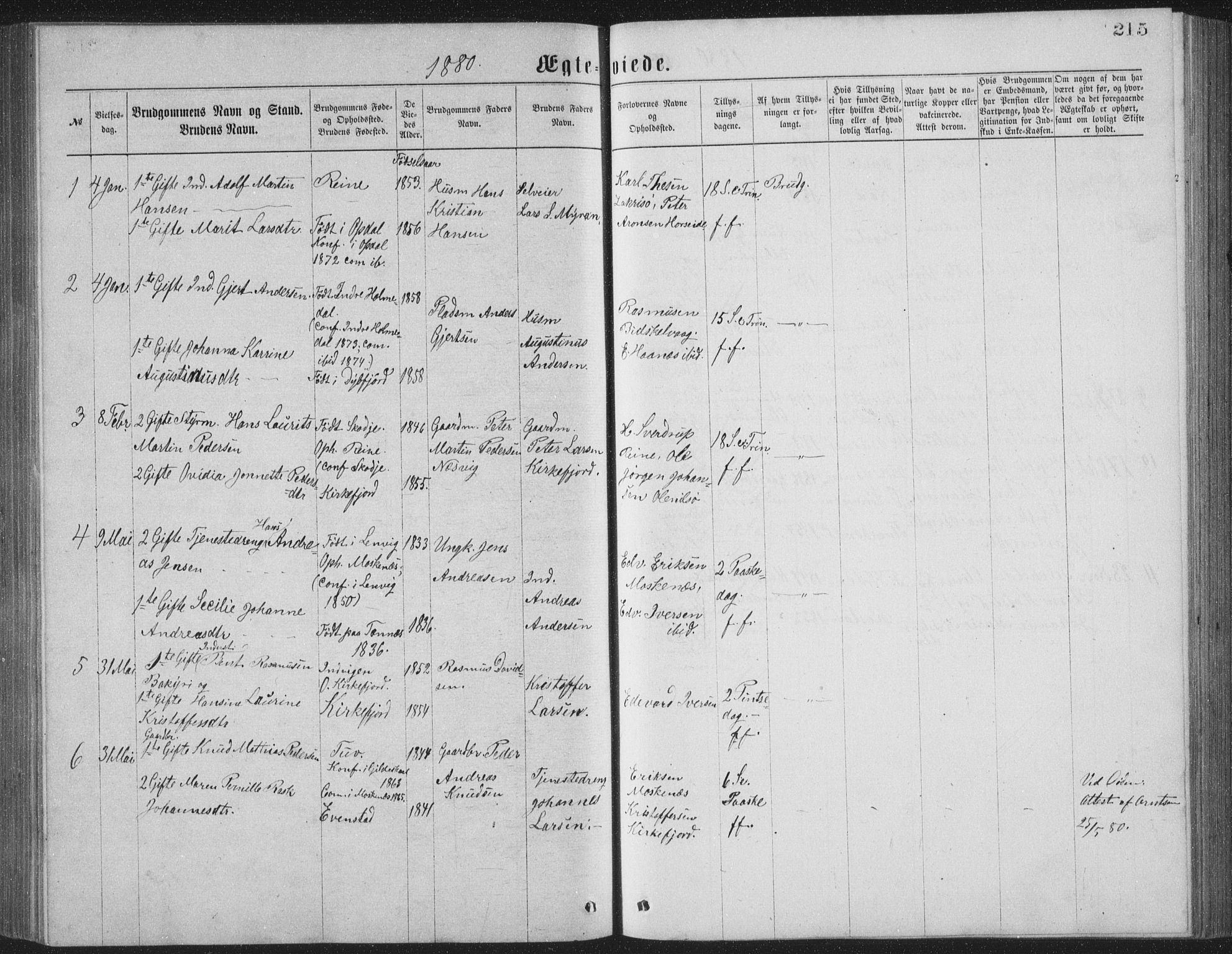 Ministerialprotokoller, klokkerbøker og fødselsregistre - Nordland, SAT/A-1459/886/L1225: Parish register (copy) no. 886C02, 1874-1896, p. 215