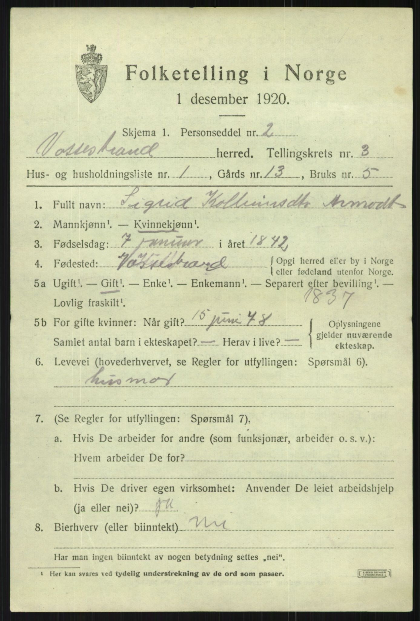 SAB, 1920 census for Vossestrand, 1920, p. 1436