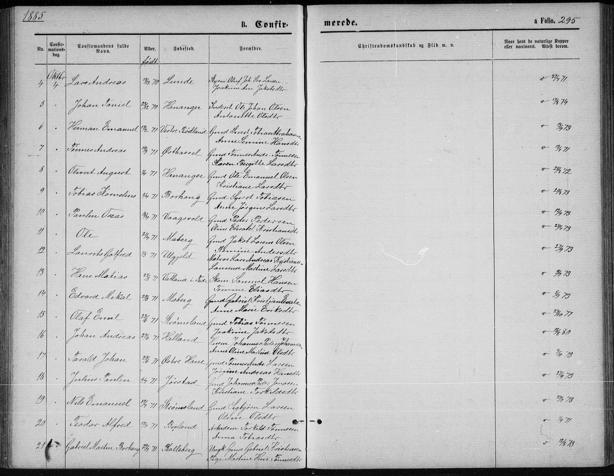 Lista sokneprestkontor, SAK/1111-0027/F/Fb/L0004: Parish register (copy) no. B 4, 1877-1891, p. 295