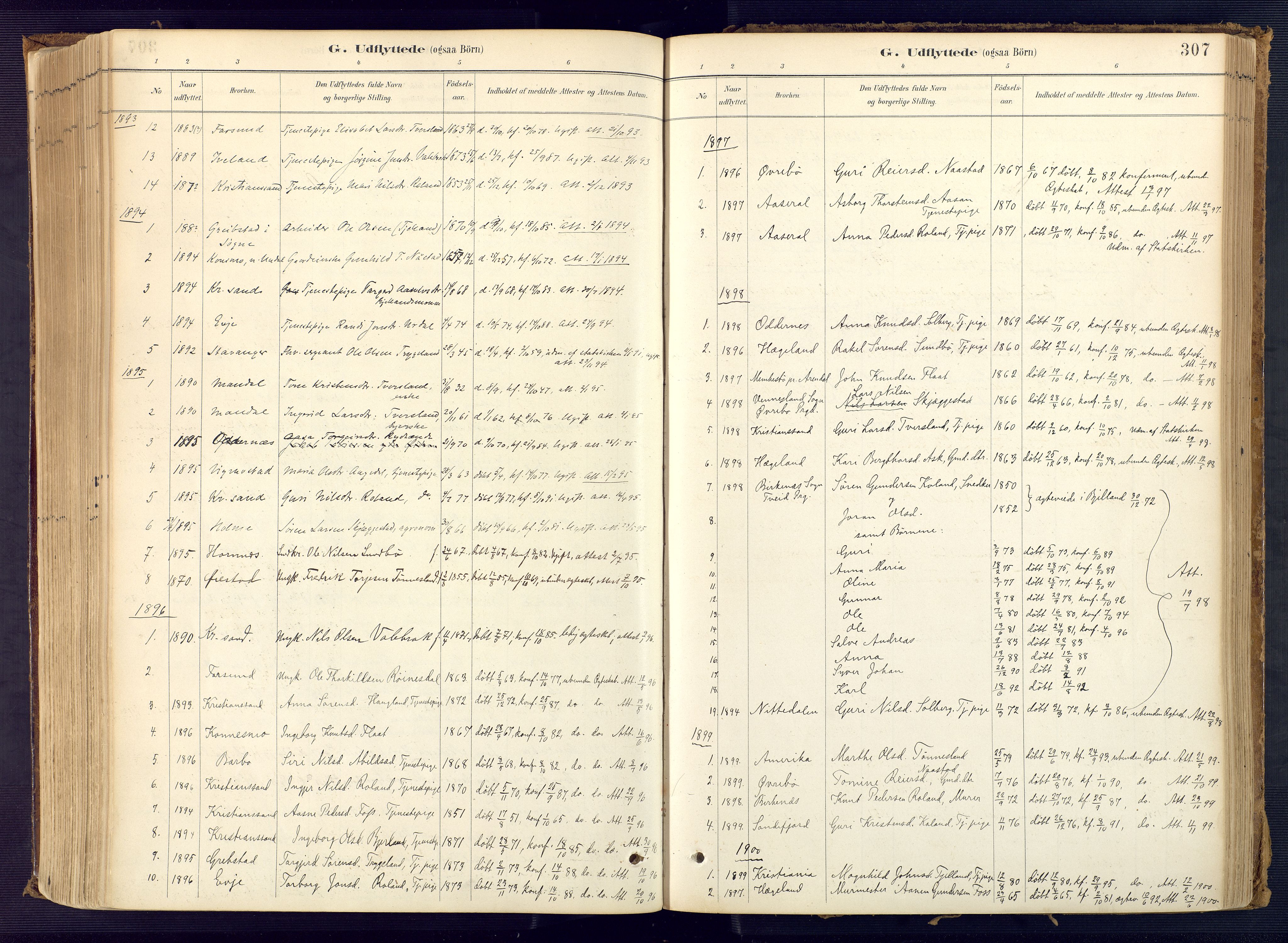 Bjelland sokneprestkontor, SAK/1111-0005/F/Fa/Faa/L0004: Parish register (official) no. A 4, 1887-1923, p. 307