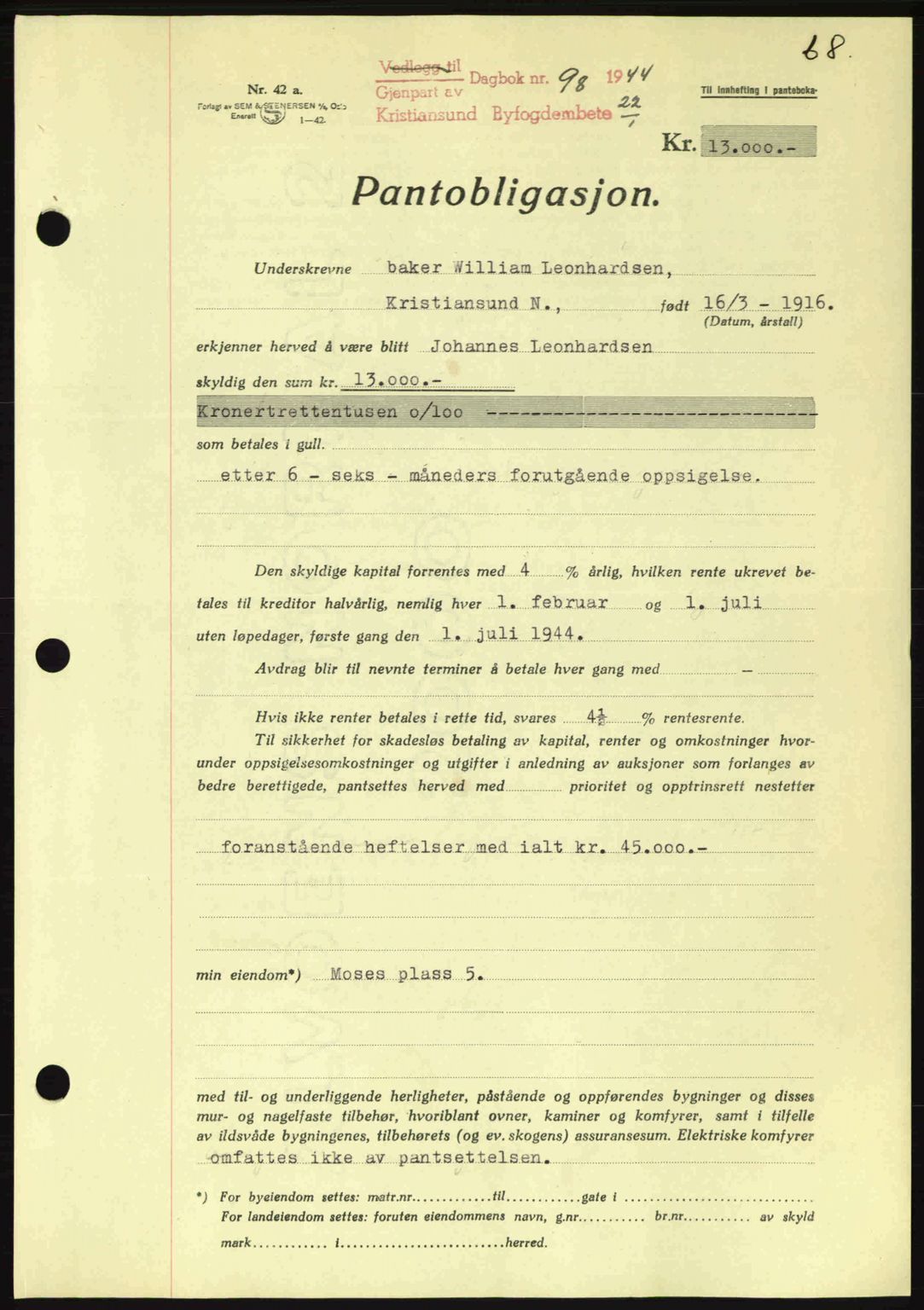 Kristiansund byfogd, AV/SAT-A-4587/A/27: Mortgage book no. 37-38, 1943-1945, Diary no: : 98/1944