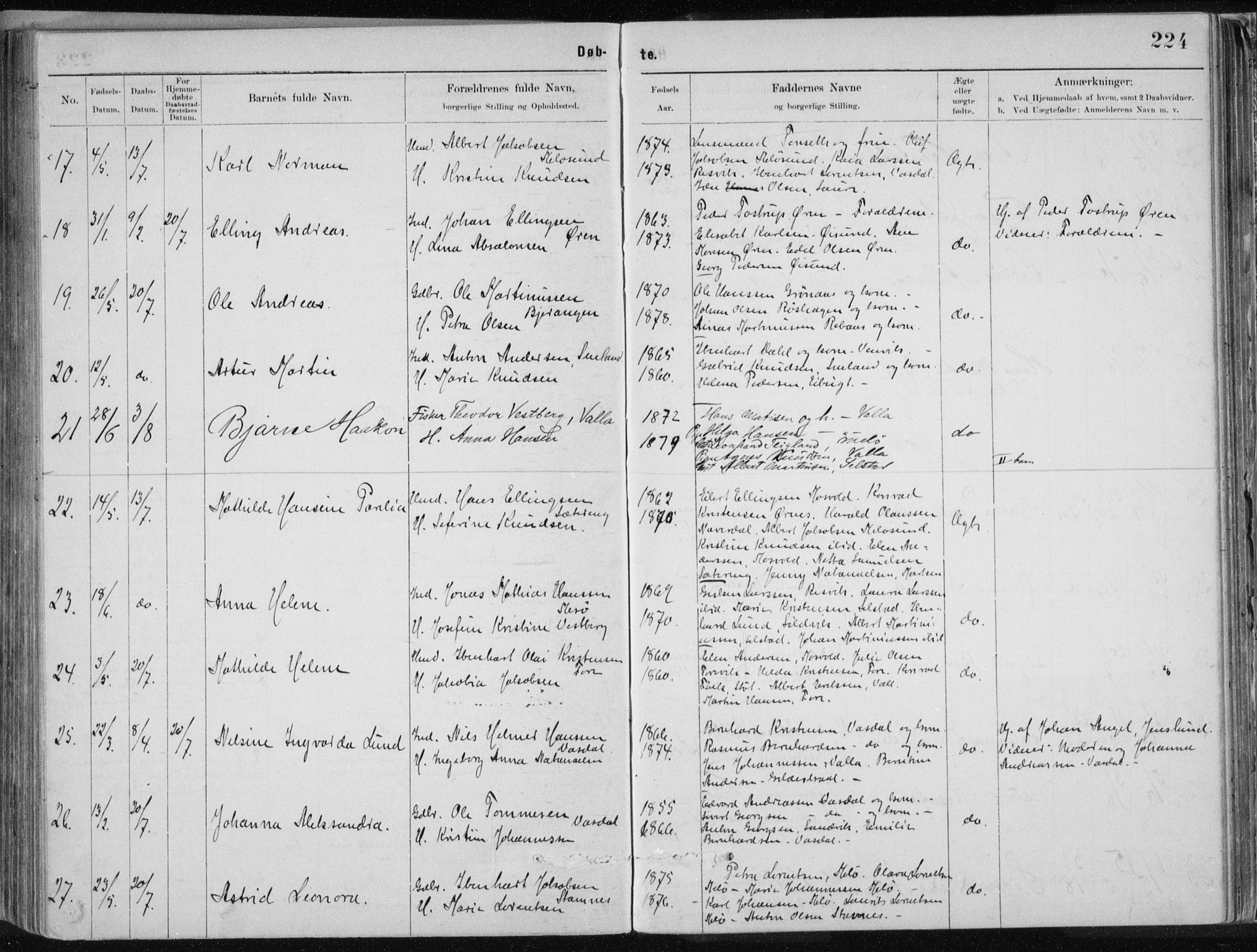 Ministerialprotokoller, klokkerbøker og fødselsregistre - Nordland, AV/SAT-A-1459/843/L0636: Parish register (copy) no. 843C05, 1884-1909, p. 224