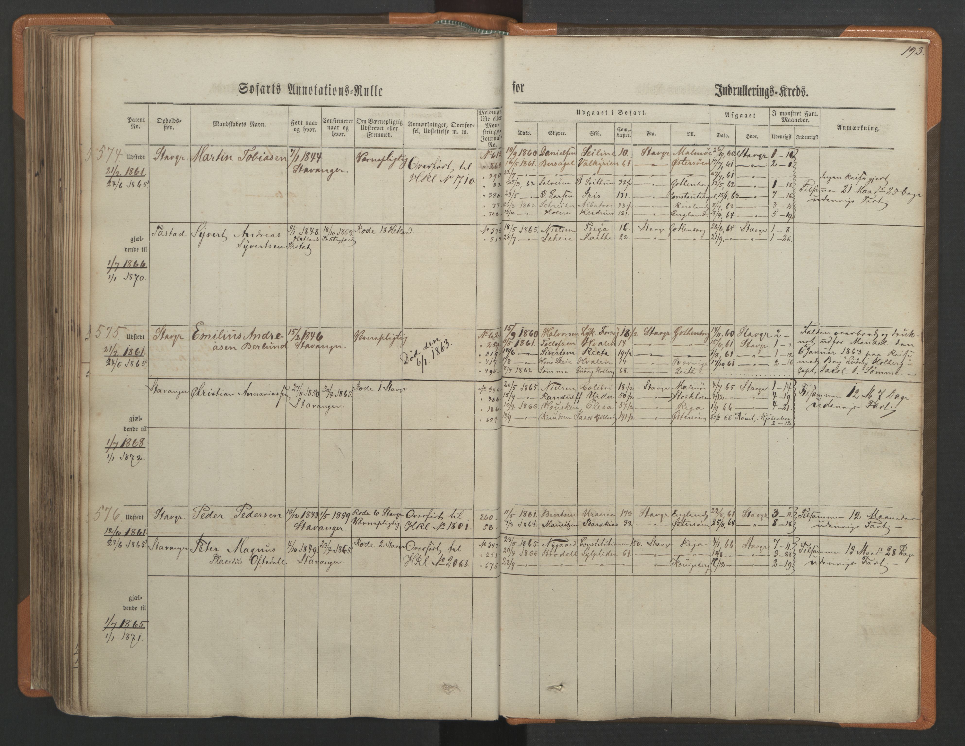 Stavanger sjømannskontor, AV/SAST-A-102006/F/Ff/L0001: Annotasjonsrulle, patentnr. 1-597 (del 1), 1860-1864, p. 203