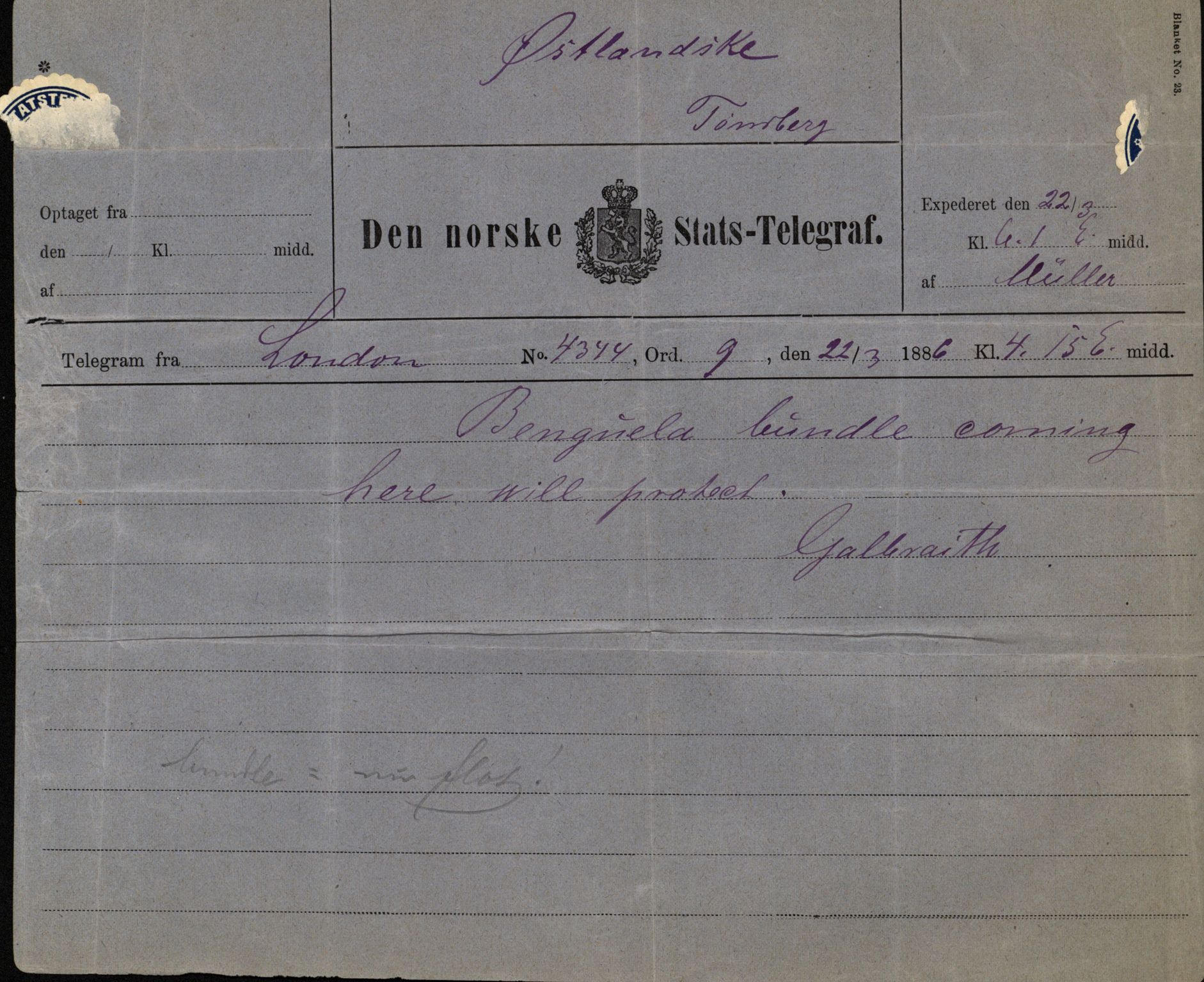 Pa 63 - Østlandske skibsassuranceforening, VEMU/A-1079/G/Ga/L0019/0001: Havaridokumenter / Telanak, Telefon, Ternen, Sir John Lawrence, Benguela, 1886, p. 64