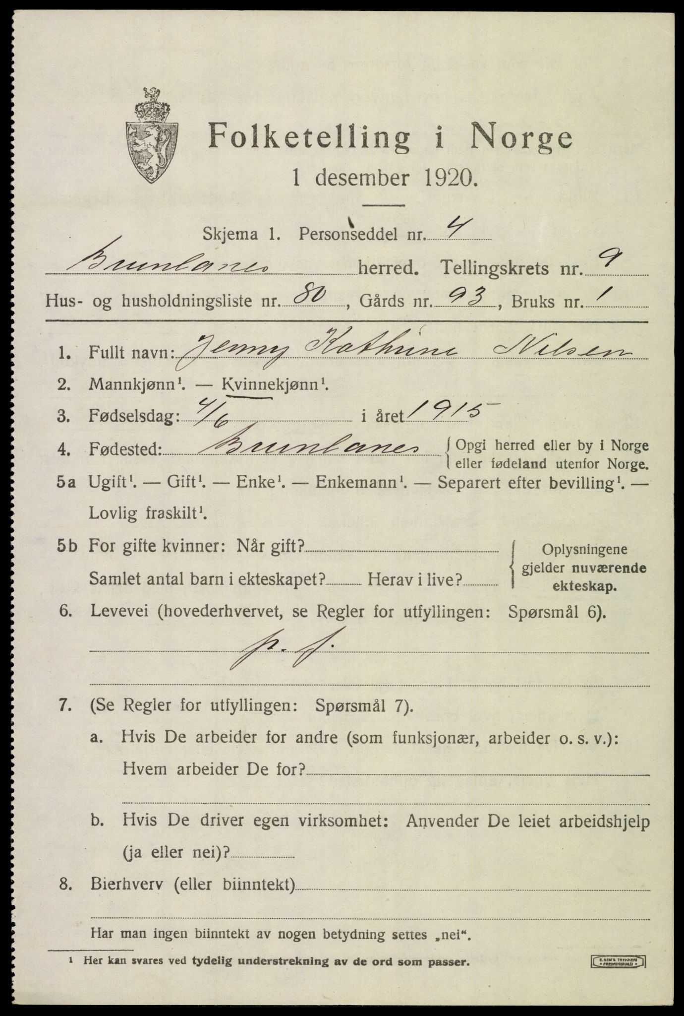 SAKO, 1920 census for Brunlanes, 1920, p. 8591