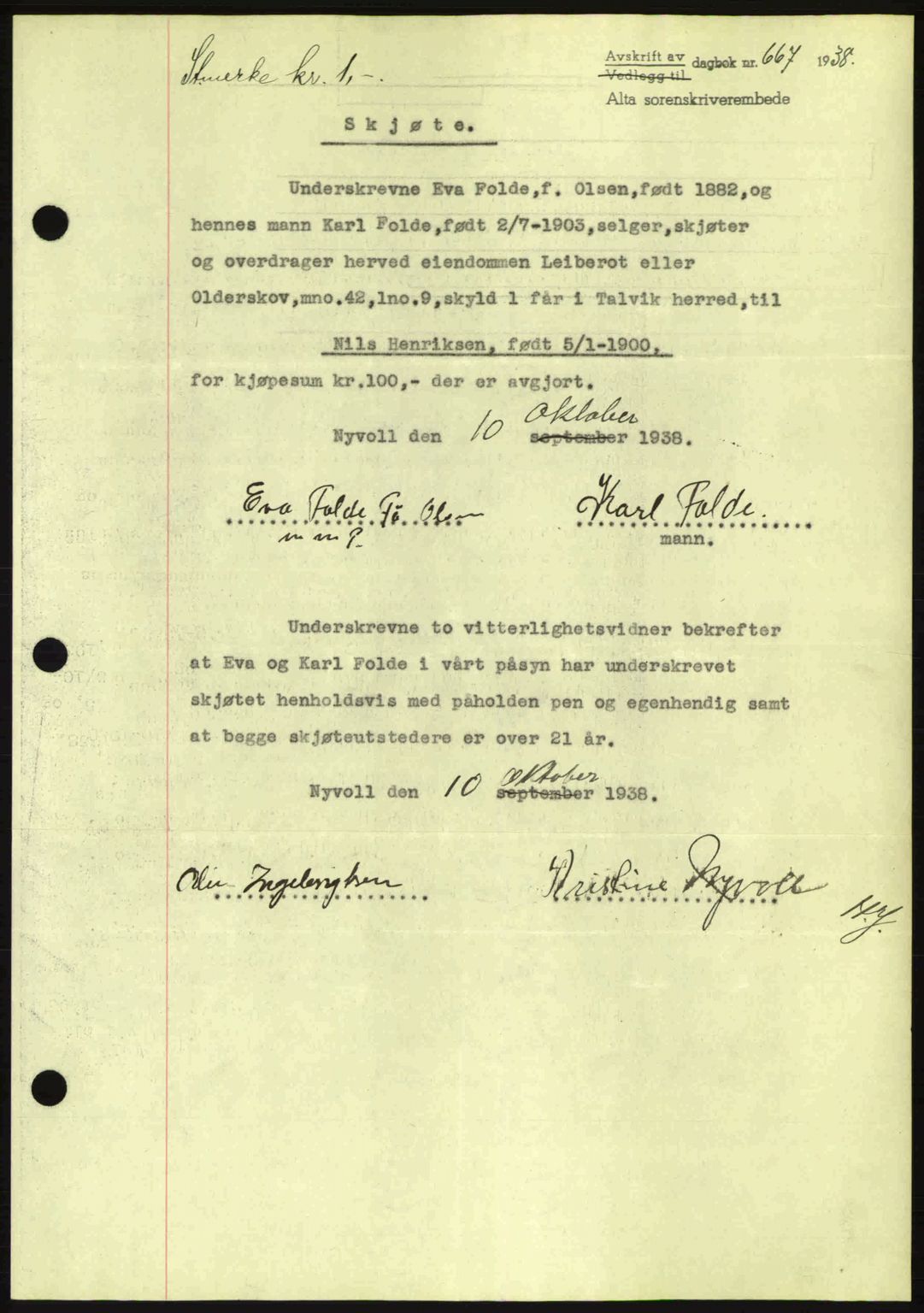 Alta fogderi/sorenskriveri, SATØ/SATØ-5/1/K/Kd/L0031pantebok: Mortgage book no. 31, 1938-1939, Diary no: : 667/1938