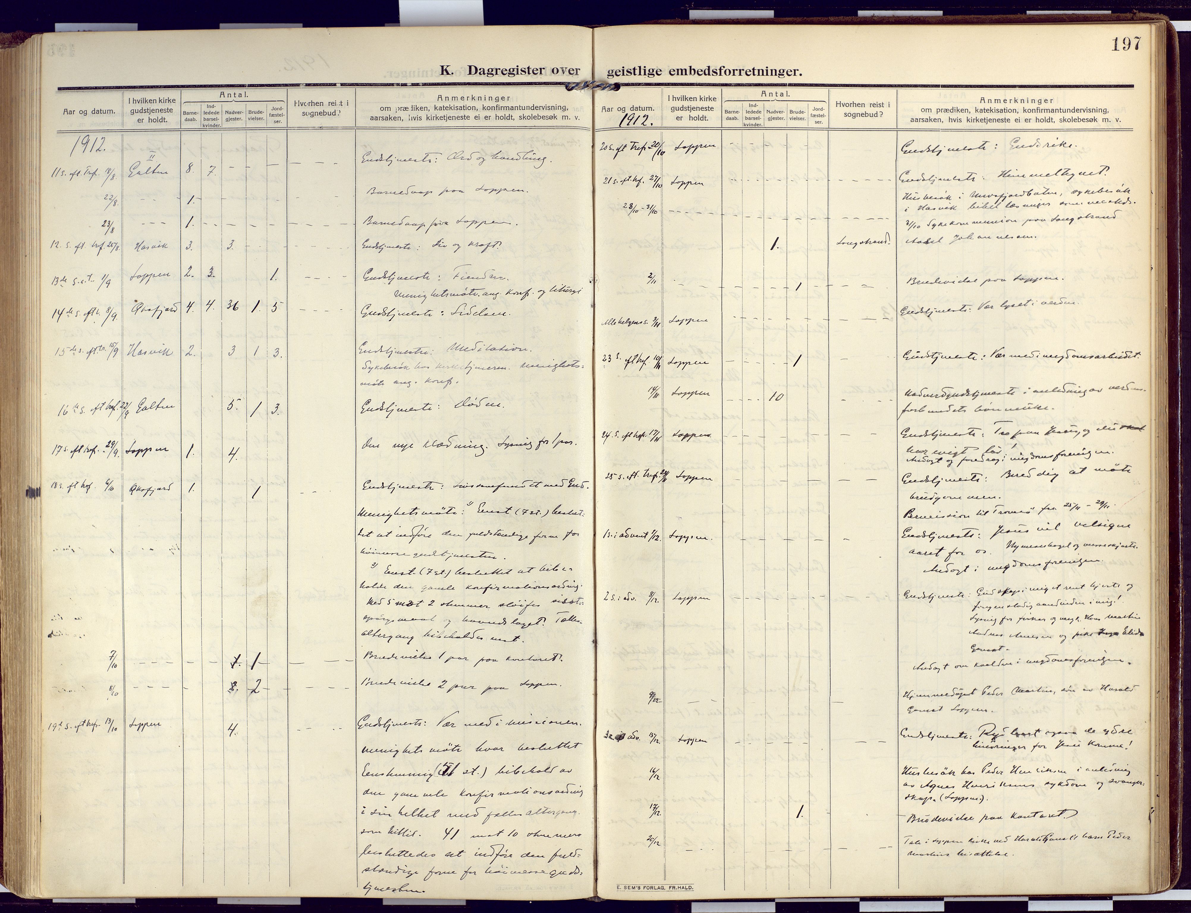 Loppa sokneprestkontor, SATØ/S-1339/H/Ha/L0011kirke: Parish register (official) no. 11, 1909-1919, p. 197