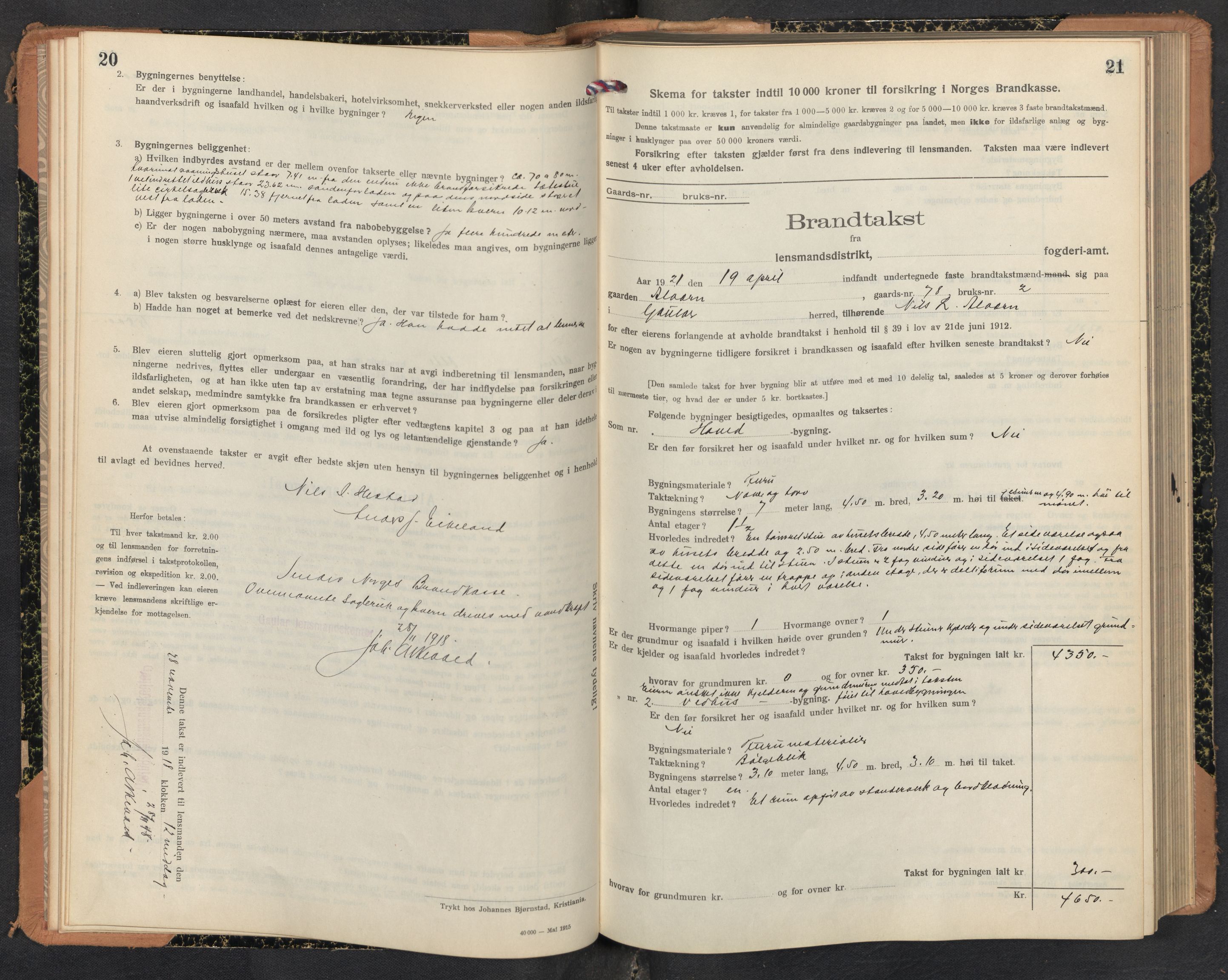Lensmannen i Gaular, SAB/A-27601/0012/L0006: Branntakstprotokoll, skjematakst, 1917-1943, p. 20-21