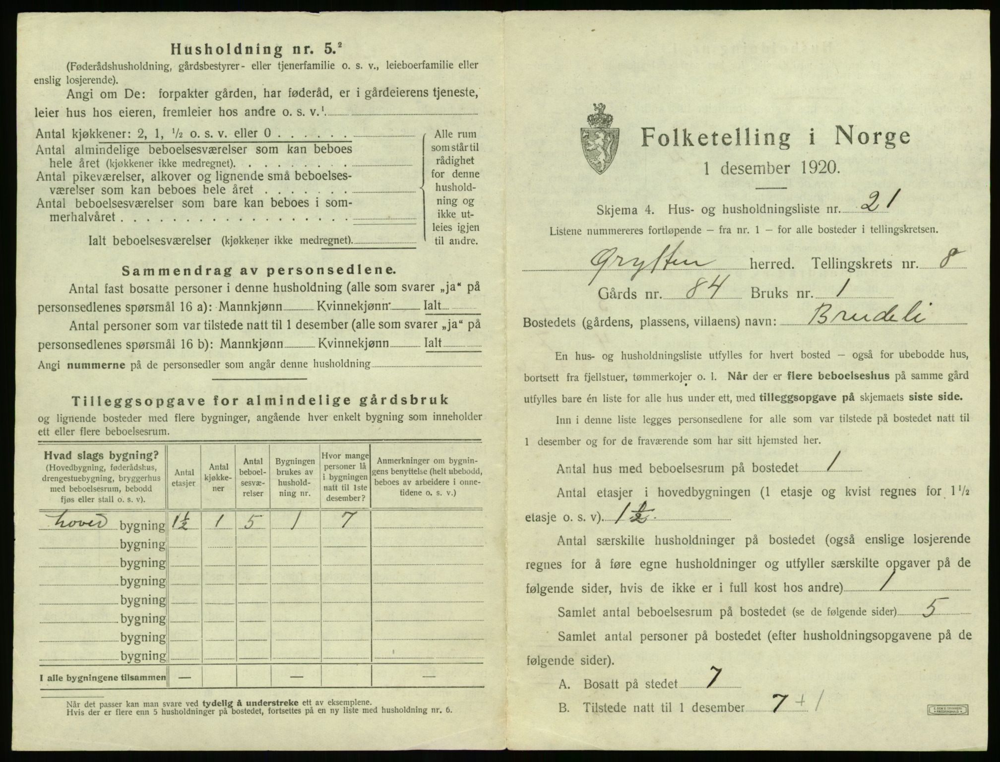 SAT, 1920 census for Grytten, 1920, p. 830