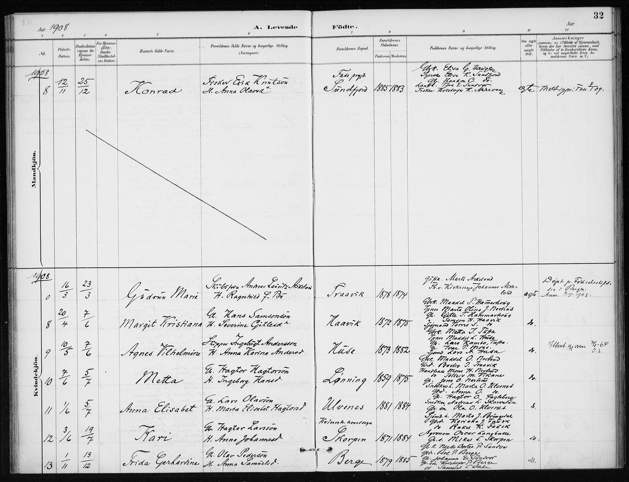 Kvinnherad sokneprestembete, SAB/A-76401/H/Haa: Parish register (official) no. E 1, 1887-1912, p. 32
