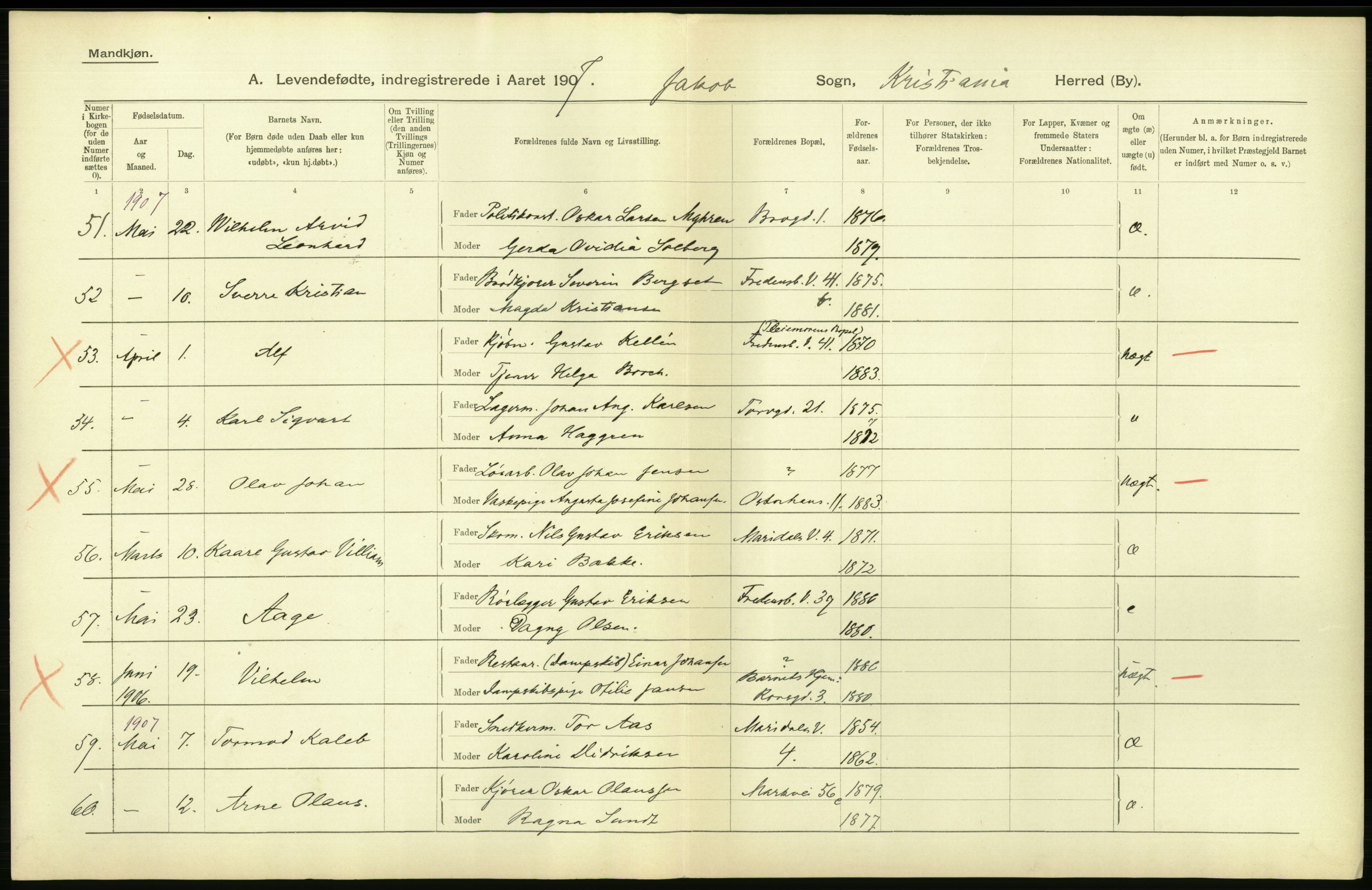 Statistisk sentralbyrå, Sosiodemografiske emner, Befolkning, AV/RA-S-2228/D/Df/Dfa/Dfae/L0007: Kristiania: Levendefødte menn og kvinner., 1907, p. 382