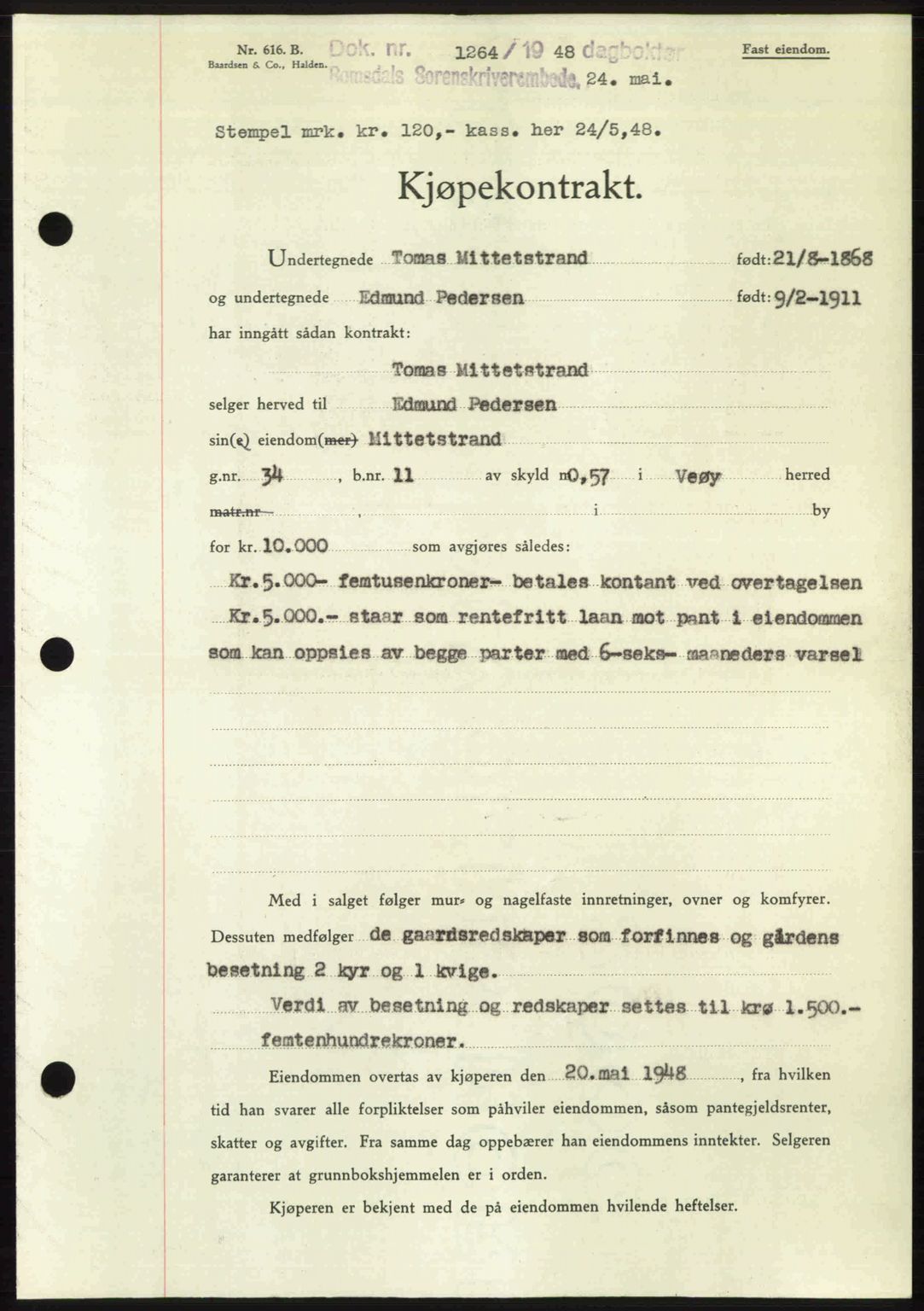 Romsdal sorenskriveri, AV/SAT-A-4149/1/2/2C: Mortgage book no. A26, 1948-1948, Diary no: : 1264/1948