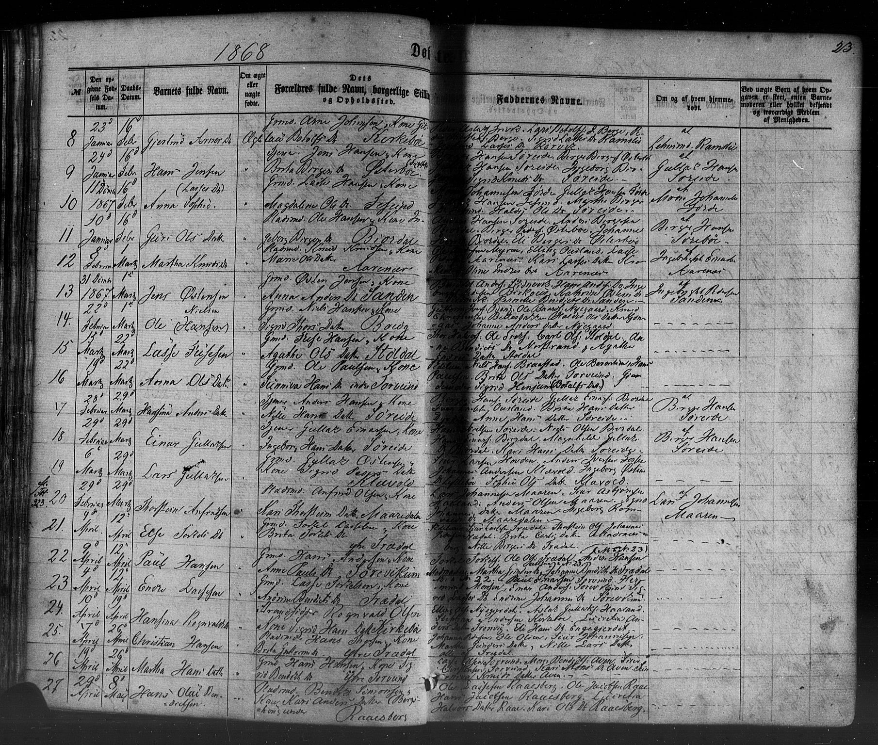Lavik sokneprestembete, SAB/A-80901: Parish register (official) no. A 4, 1864-1881, p. 23