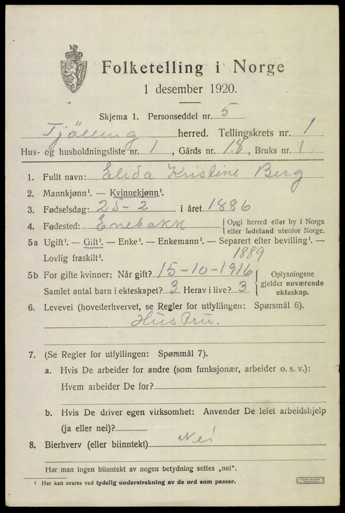 SAKO, 1920 census for Tjølling, 1920, p. 1551
