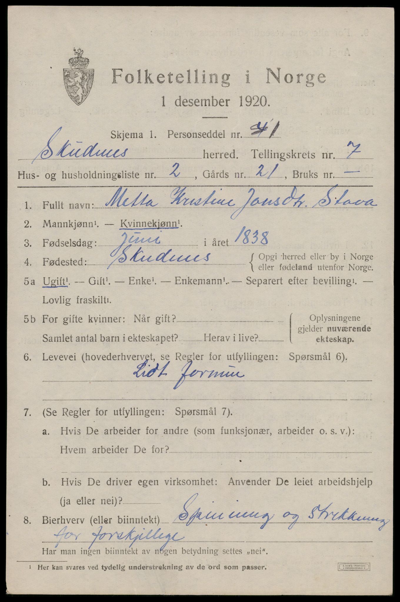 SAST, 1920 census for Skudenes, 1920, p. 5528