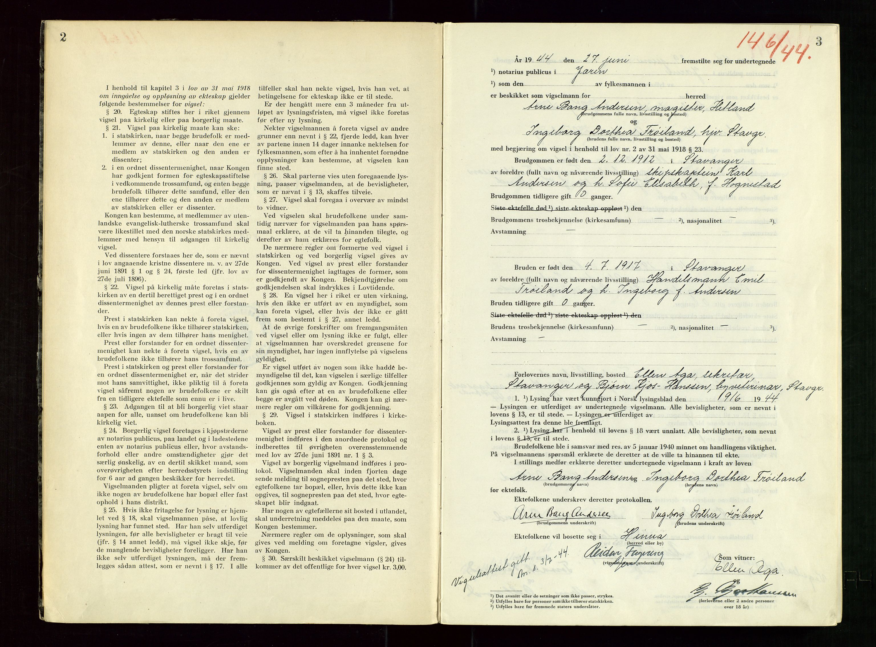 Jæren sorenskriveri, AV/SAST-A-100310/01/6/62/62BA/L0007: VIGSELSPROTOKOLL, 1944, p. 2-3