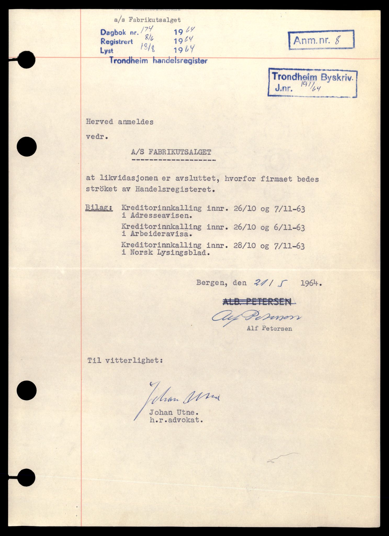 Trondheim byfogd, AV/SAT-A-0003/2/J/Jd/Jdb/L0003: Aksjeselskap, F, 1960-1964, p. 3