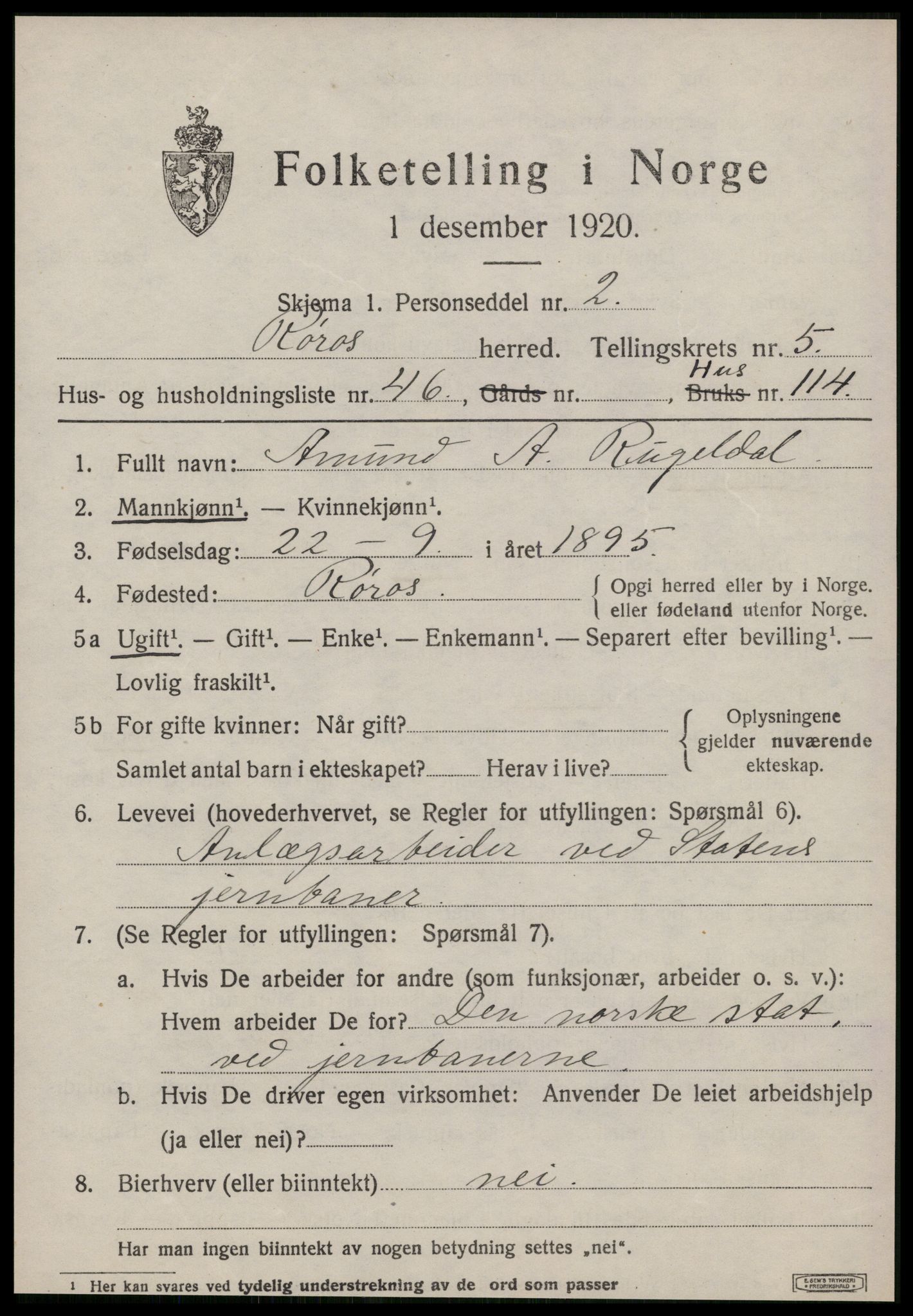 SAT, 1920 census for Røros, 1920, p. 5956