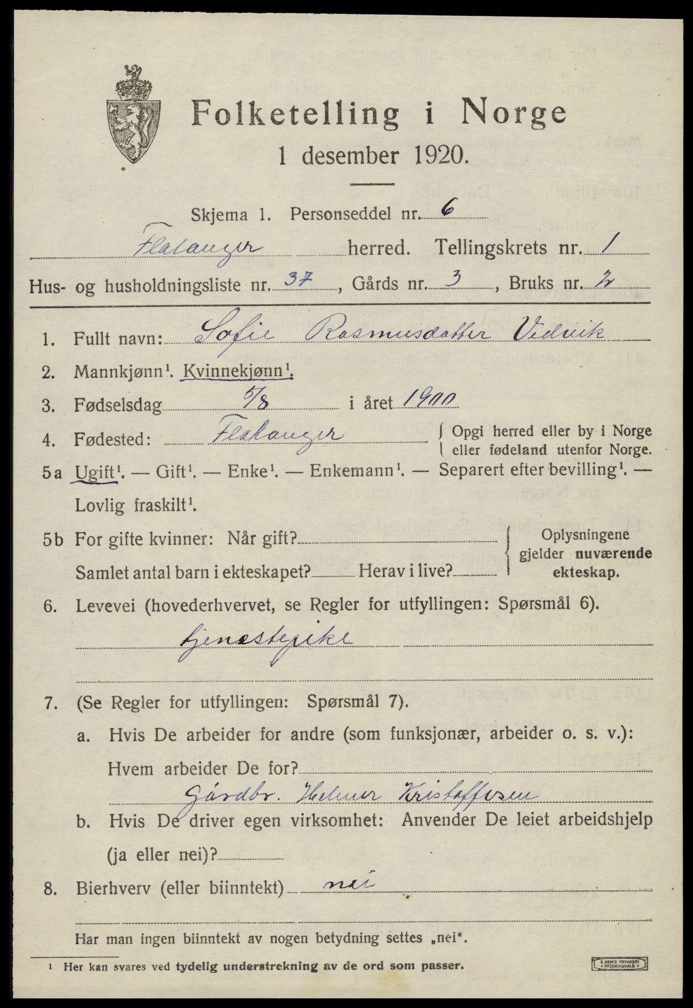 SAT, 1920 census for Flatanger, 1920, p. 1086