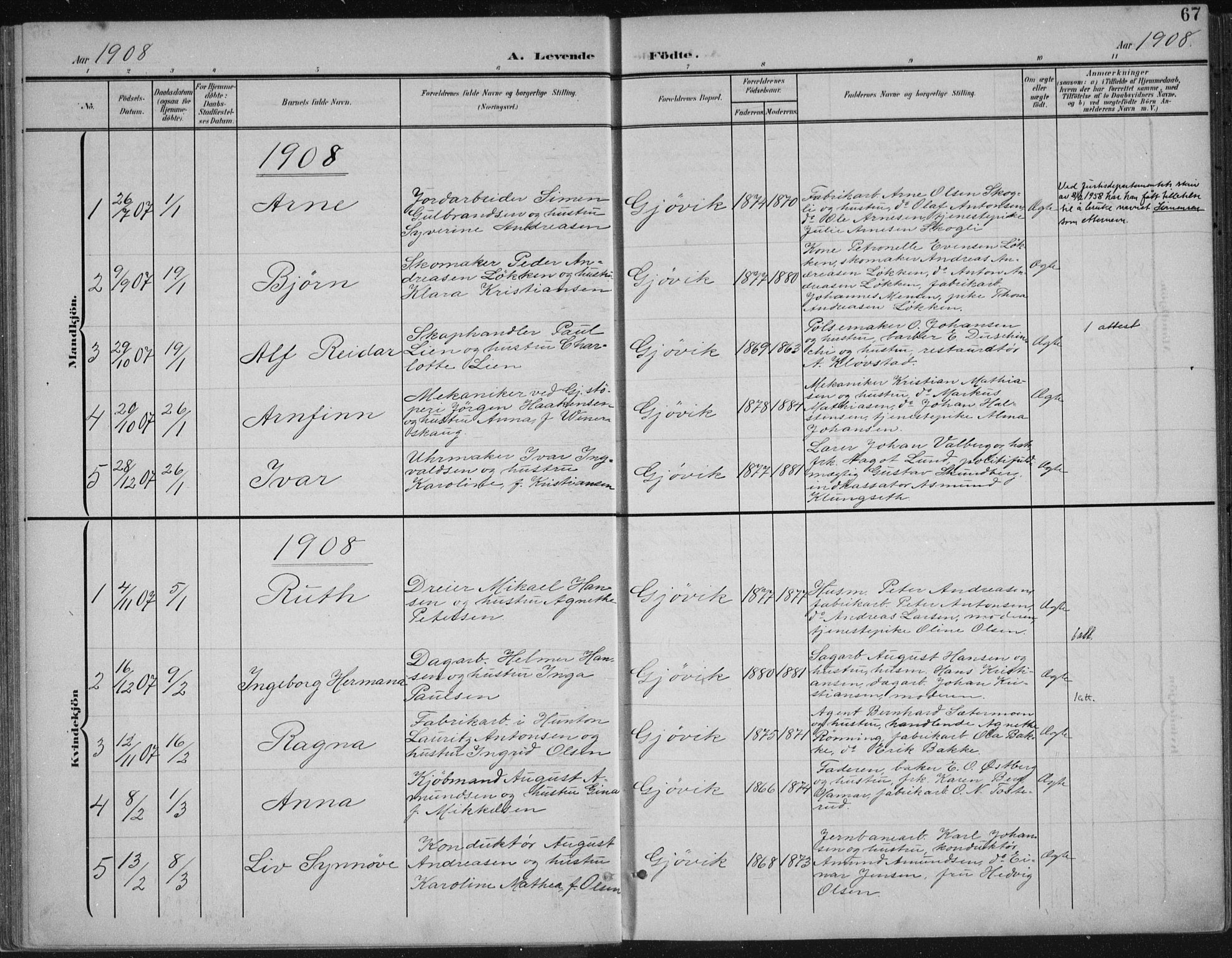 Vardal prestekontor, AV/SAH-PREST-100/H/Ha/Haa/L0013: Parish register (official) no. 13, 1901-1911, p. 67