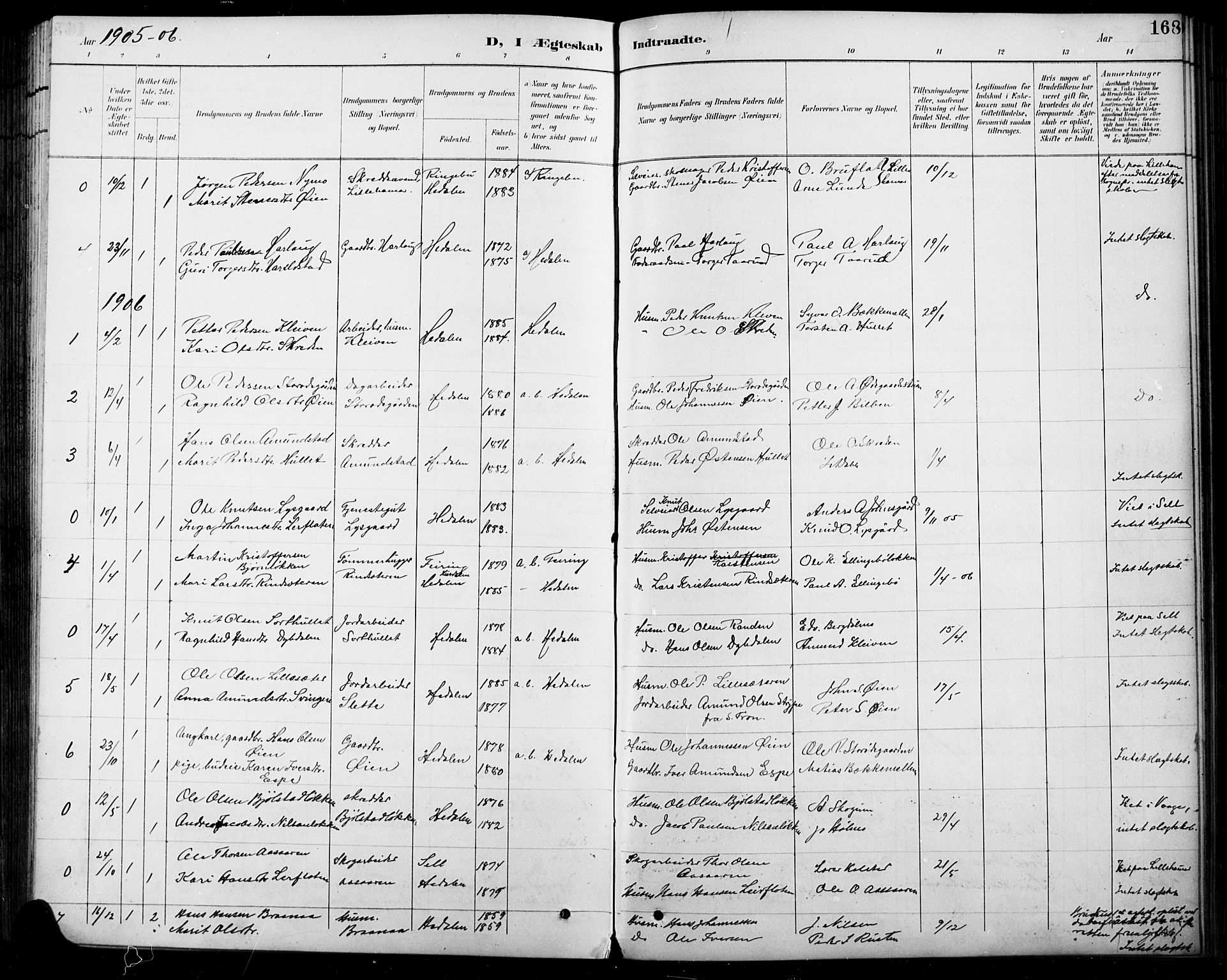 Sel prestekontor, SAH/PREST-074/H/Ha/Hab/L0005: Parish register (copy) no. 5, 1894-1923, p. 168