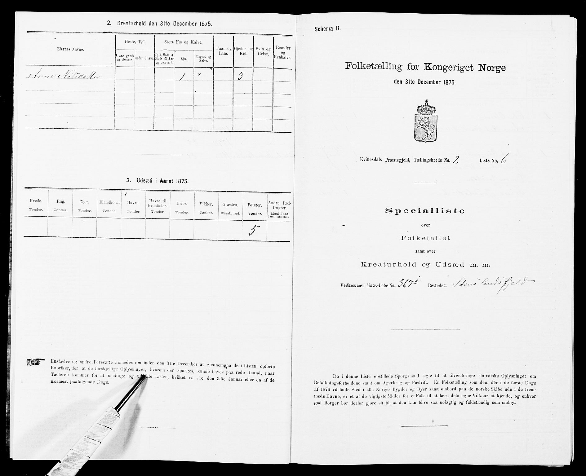 SAK, 1875 census for 1037P Kvinesdal, 1875, p. 283