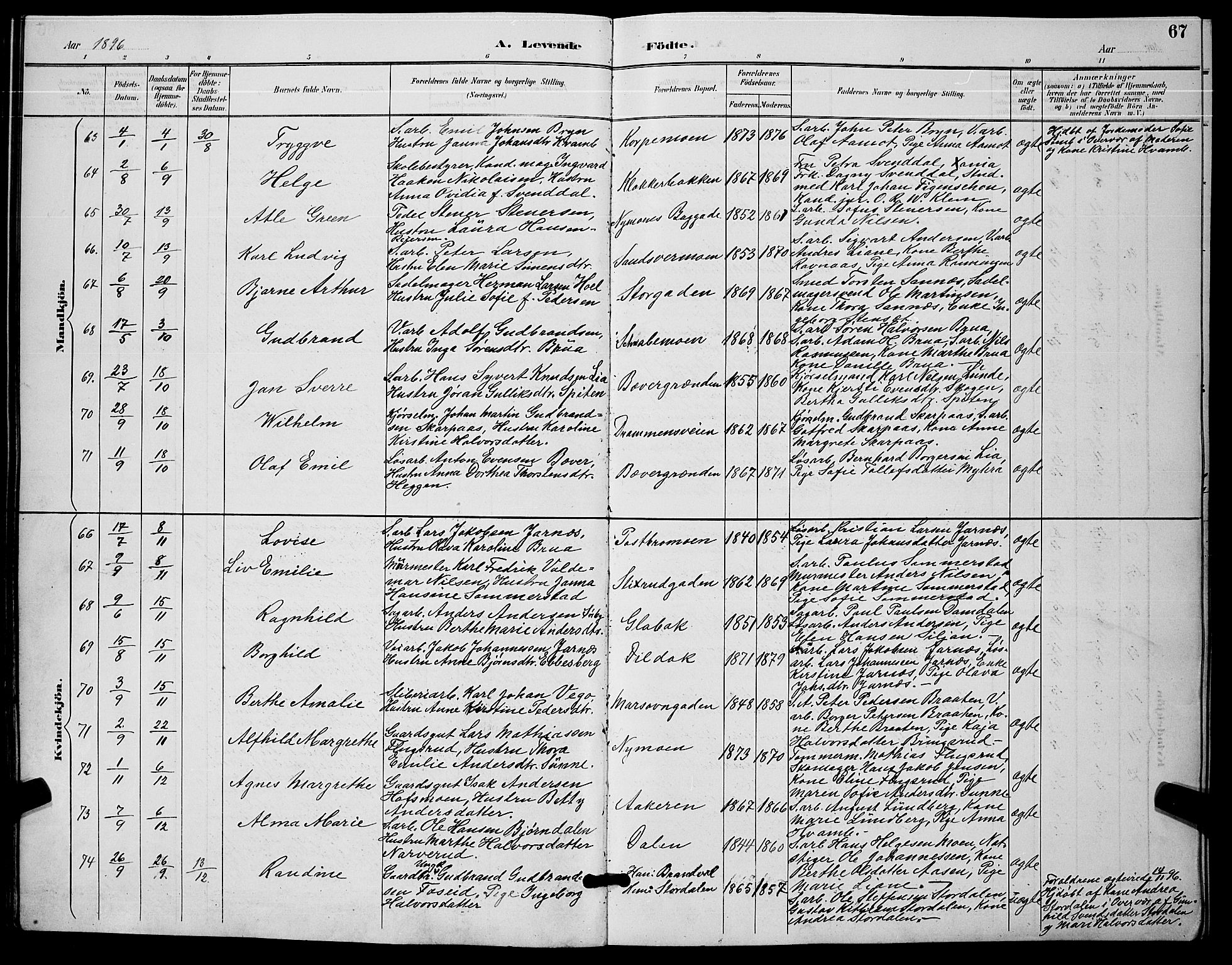 Kongsberg kirkebøker, AV/SAKO-A-22/G/Ga/L0006: Parish register (copy) no. 6, 1890-1901, p. 67