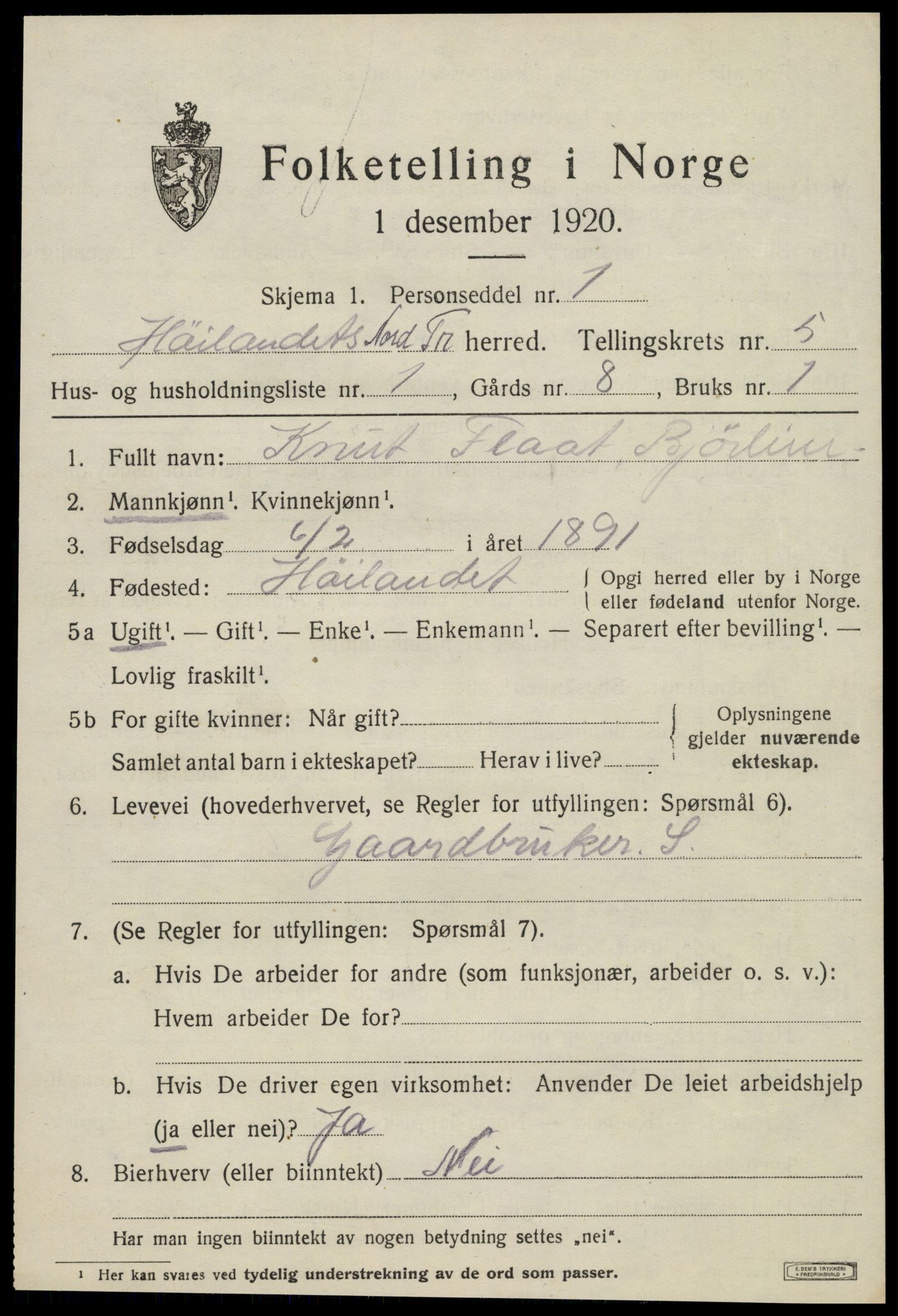 SAT, 1920 census for Høylandet, 1920, p. 2568