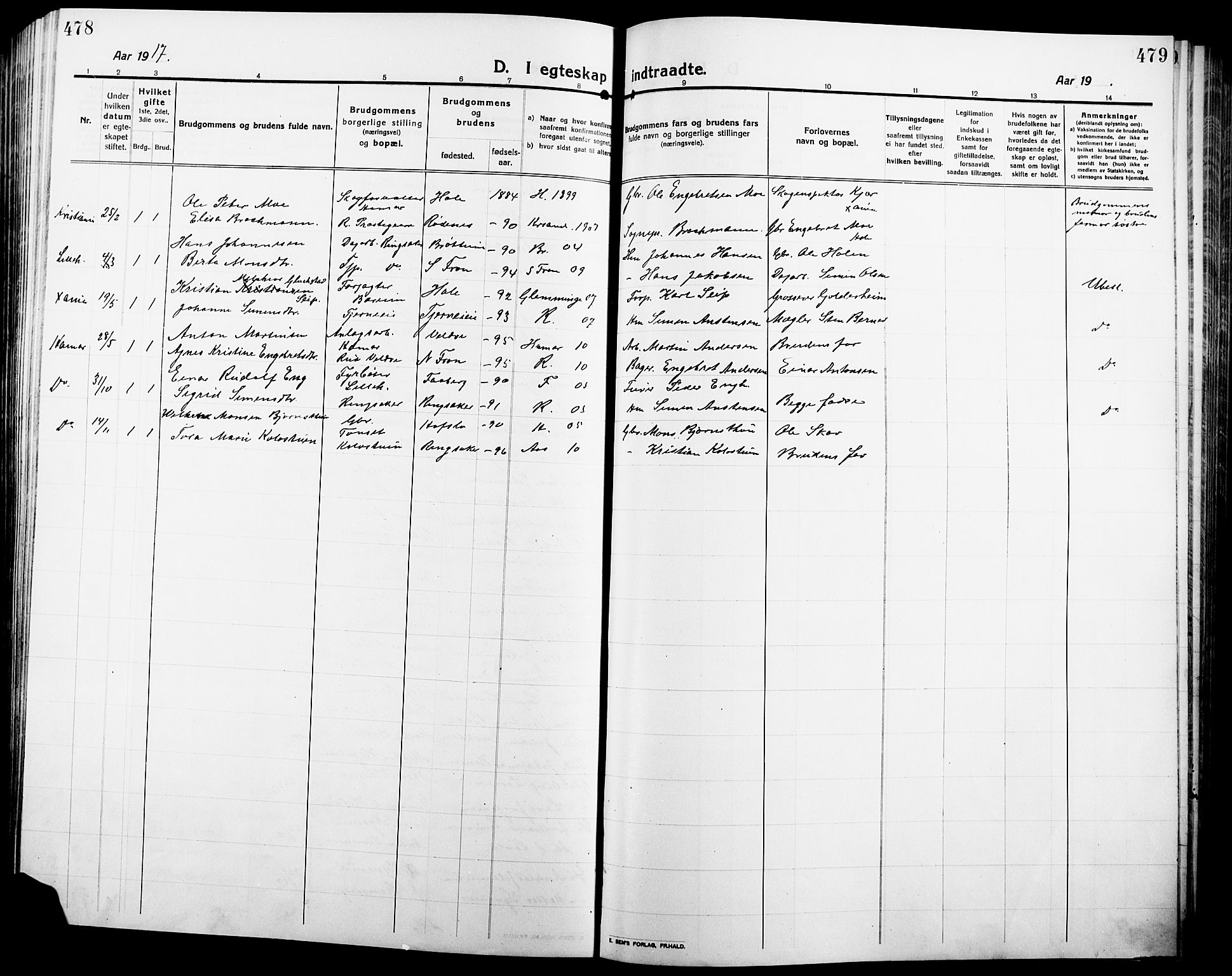 Ringsaker prestekontor, SAH/PREST-014/L/La/L0018: Parish register (copy) no. 18, 1913-1922, p. 478-479