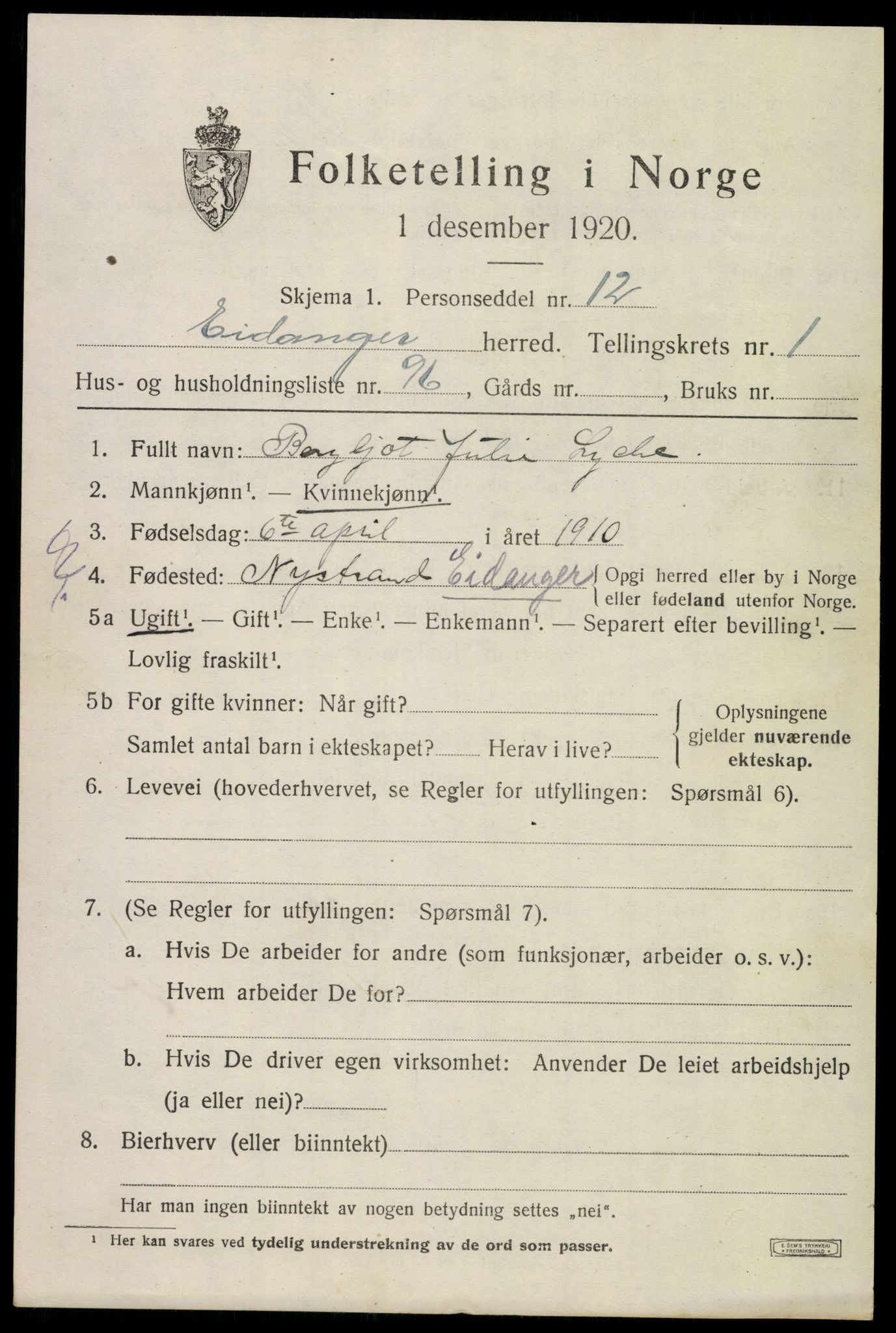 SAKO, 1920 census for Eidanger, 1920, p. 2914