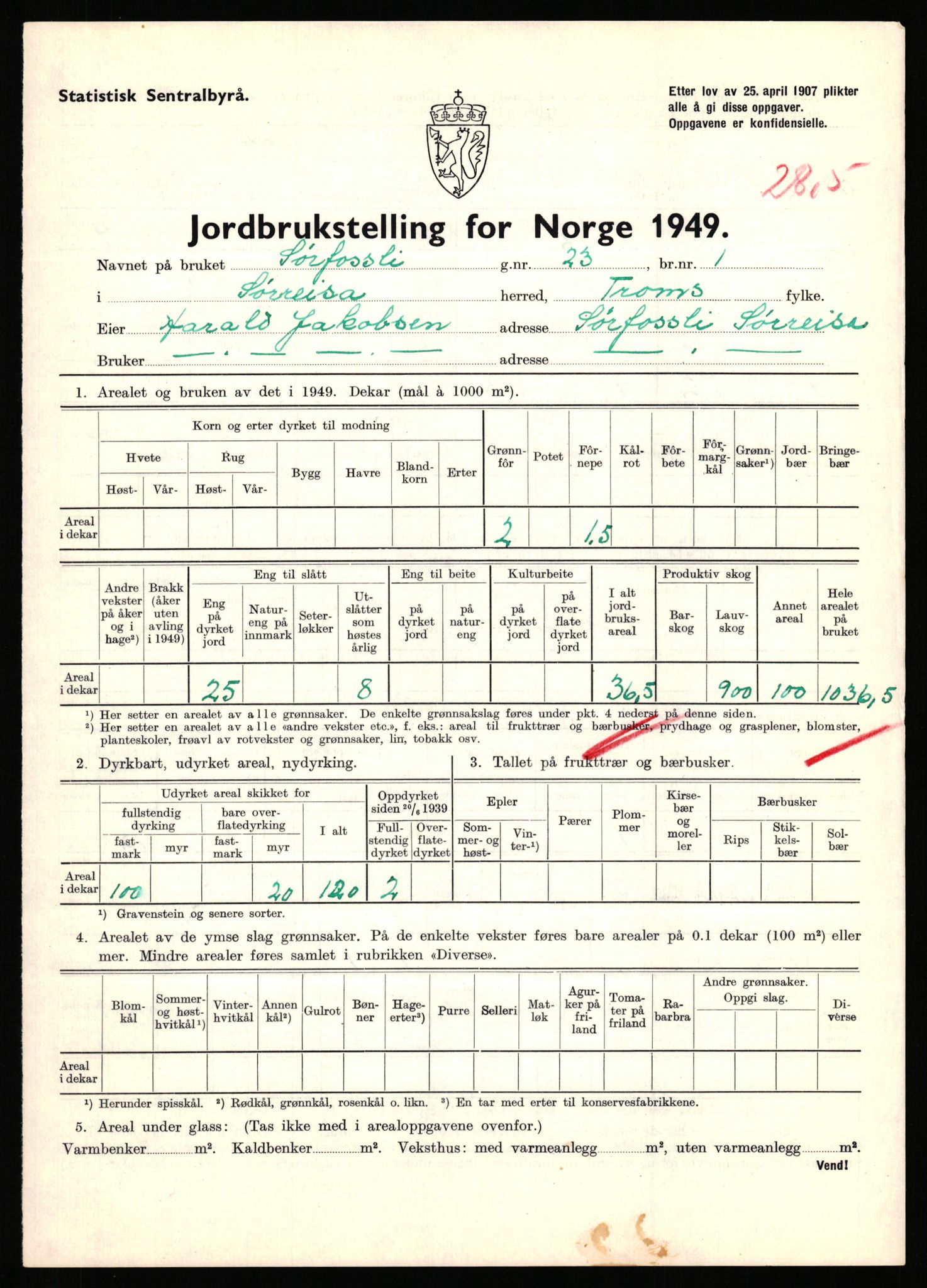 Statistisk sentralbyrå, Næringsøkonomiske emner, Jordbruk, skogbruk, jakt, fiske og fangst, AV/RA-S-2234/G/Gc/L0440: Troms: Sørreisa og Dyrøy, 1949, p. 647